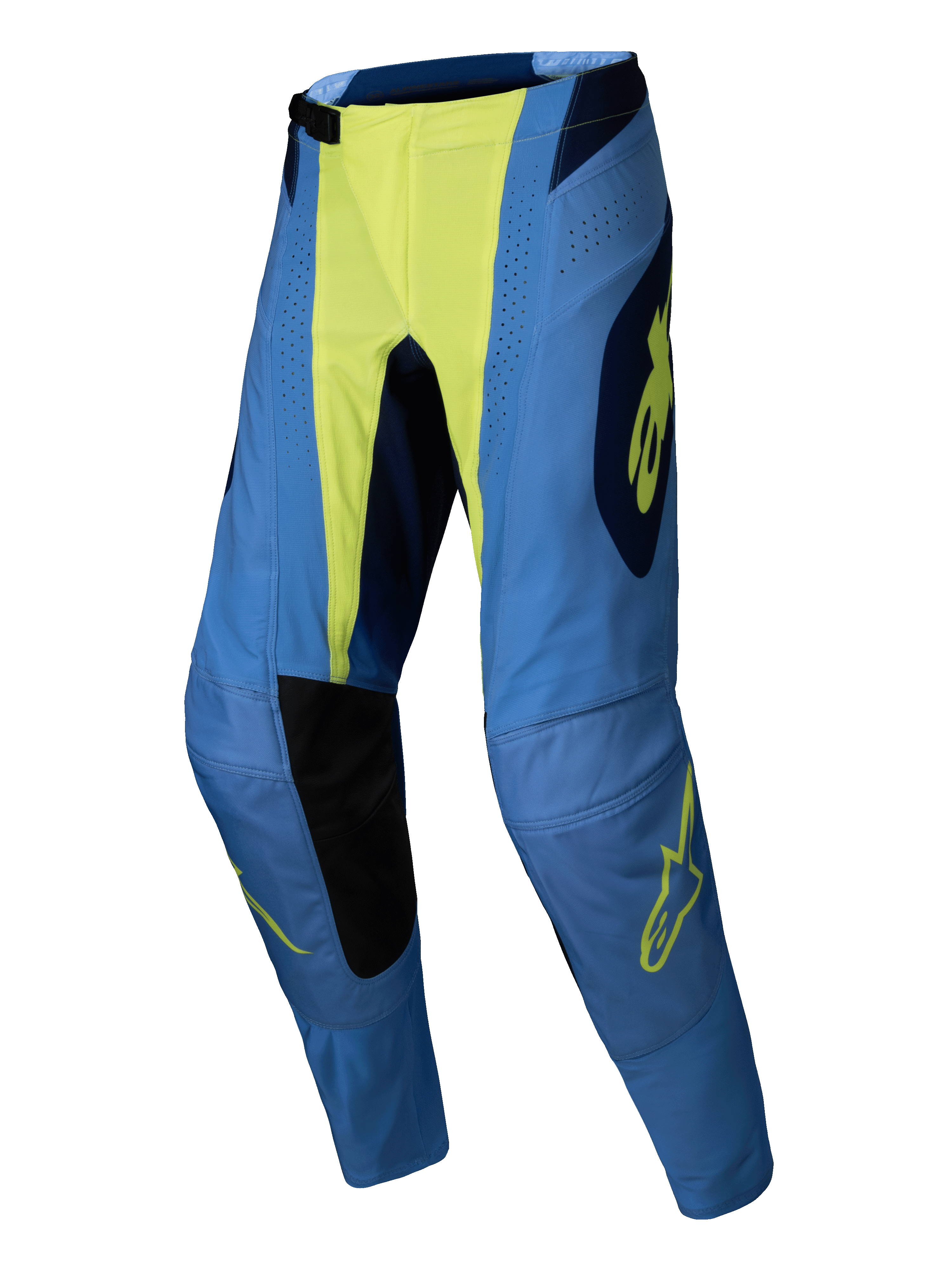 Alpinestars 2025 Techstar Melt Pants, pantaloni da motocross, giallo fluo blu, blu con parte centrale e dettagli del logo in giallo neon, pannelli neri all'interno delle ginocchia, perforazioni laser, vestibilità atletica da gara per prestazioni fuoristrada