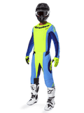 Set completo Alpinestars Techstar Melt 2025, abbigliamento completo da motocross, giallo neon e blu, casco nero con maschera, guanti gialli e neri, stivali bianchi e neri, kit completo per motocross