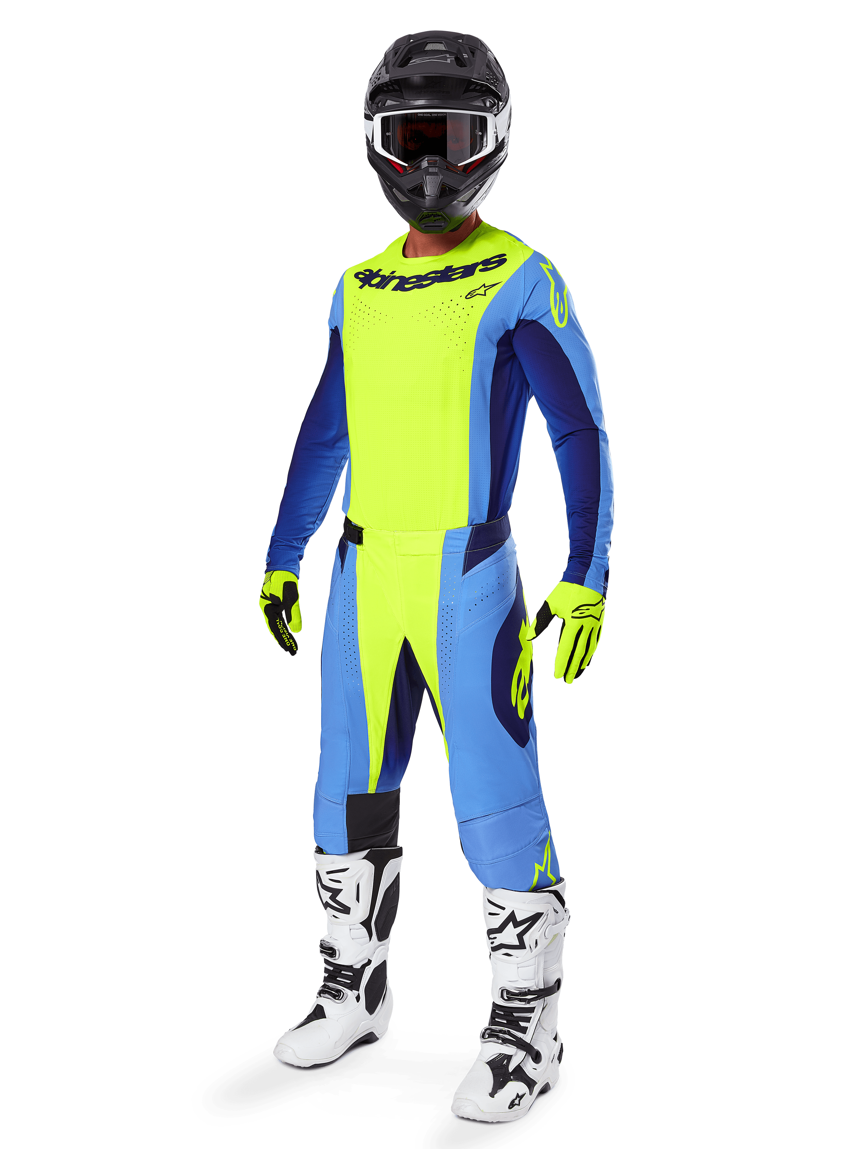 Set completo Alpinestars Techstar Melt 2025, abbigliamento completo da motocross, giallo neon e blu, casco nero con maschera, guanti gialli e neri, stivali bianchi e neri, kit completo per motocross