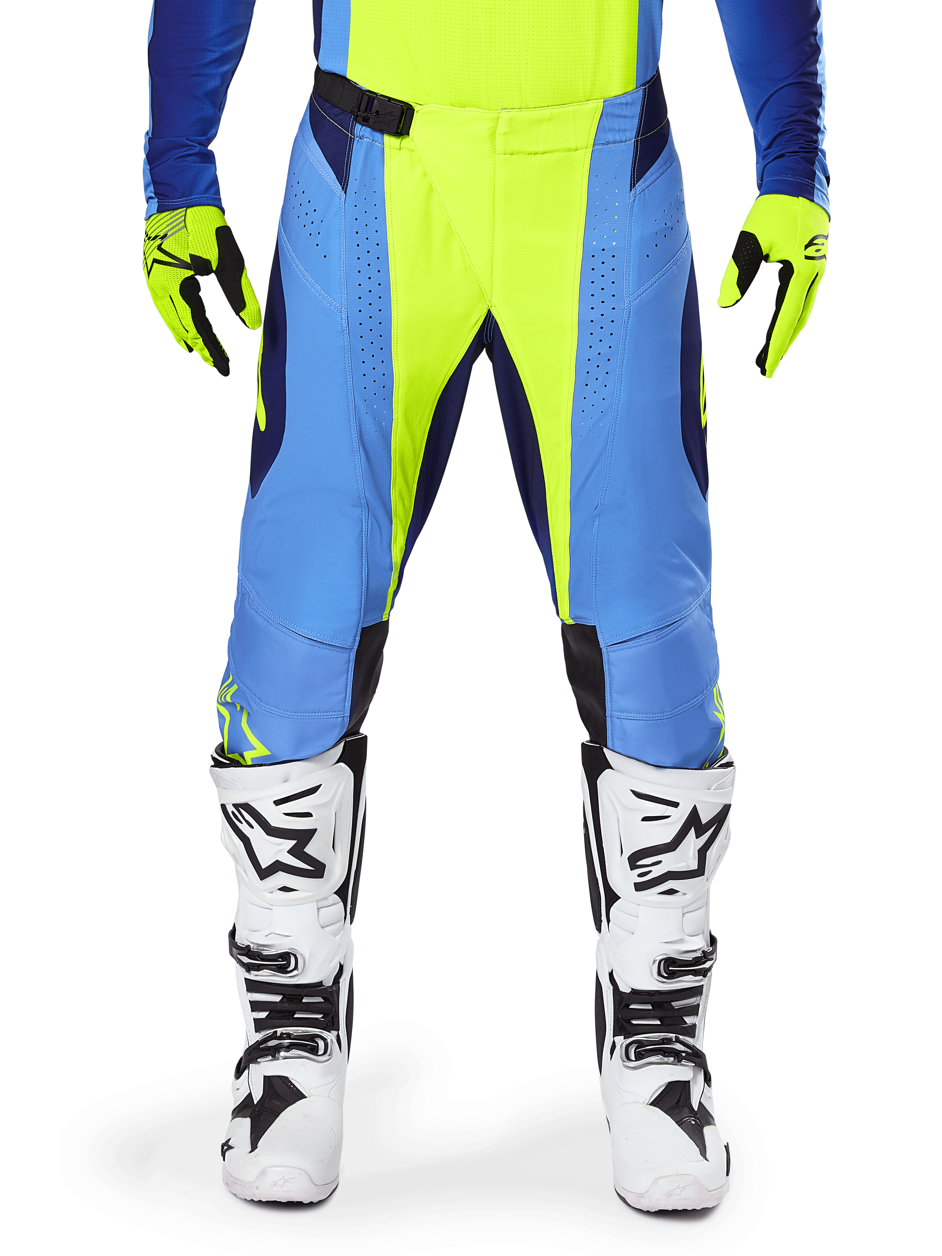 Alpinestars 2025 Techstar Melt Pants, pantaloni da motocross, giallo fluo e blu, indossati con guanti abbinati e stivali bianchi, con pannelli blu e accenti giallo fluo, design orientato alle prestazioni per gare fuoristrada