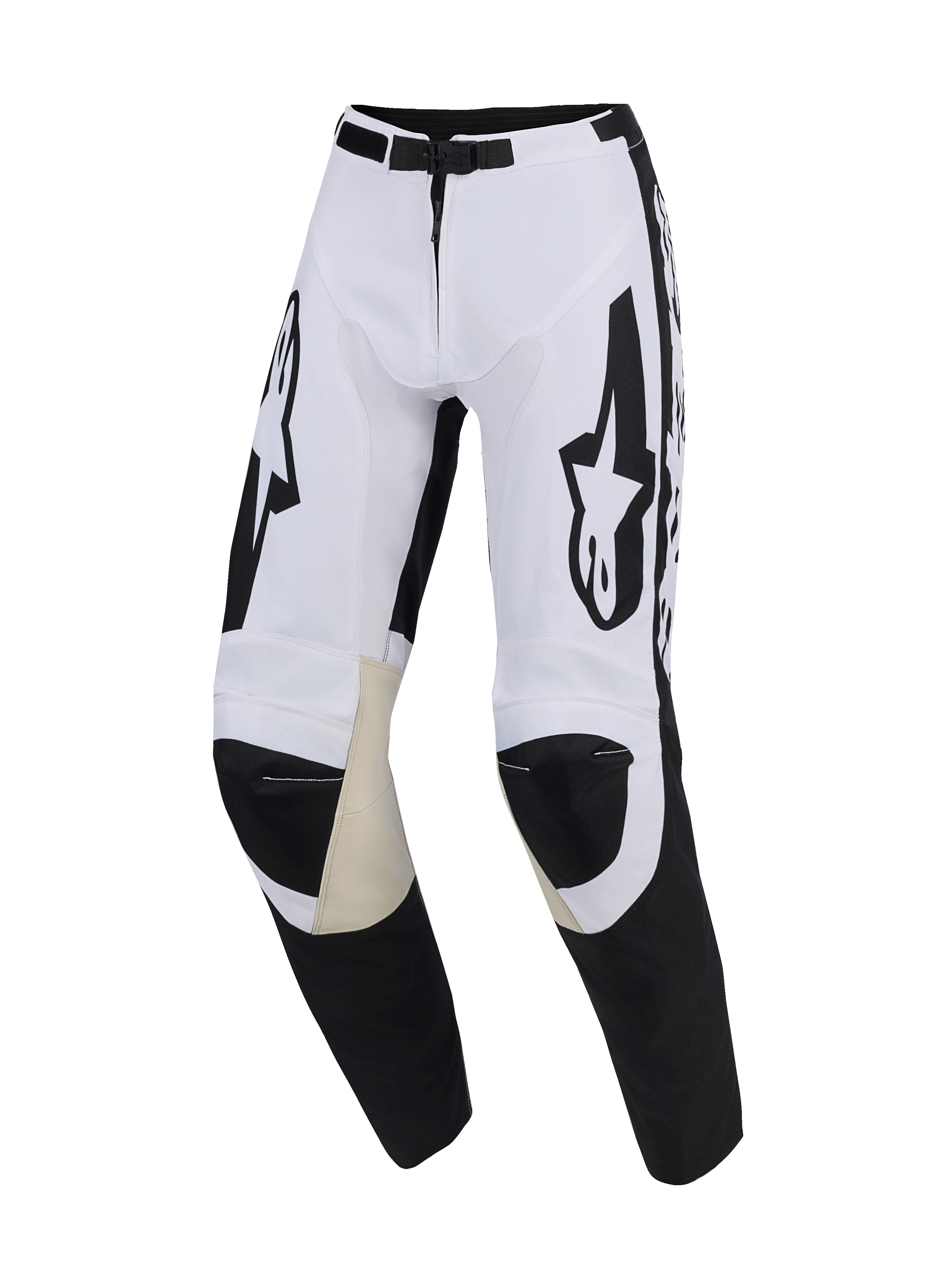 Alpinestars 2026 Racer Riway Pants, pantaloni da motocross, bianco e nero, con pannelli interni al ginocchio in pelle di capra color sabbia, grandi loghi Alpinestars neri sulle cosce, chiusura con fibbia magnetica e design sportivo pre-curvato per off-road