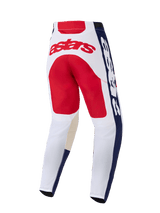 Alpinestars Pantaloni Racer Riway 2026, pantaloni da motocross, bianco, blu e rosso, vista posteriore che mostra il logo 'astars' rosso sul retro, pannelli laterali blu con scritte bianche e costruzione pre-curvata per prestazioni fuoristrada