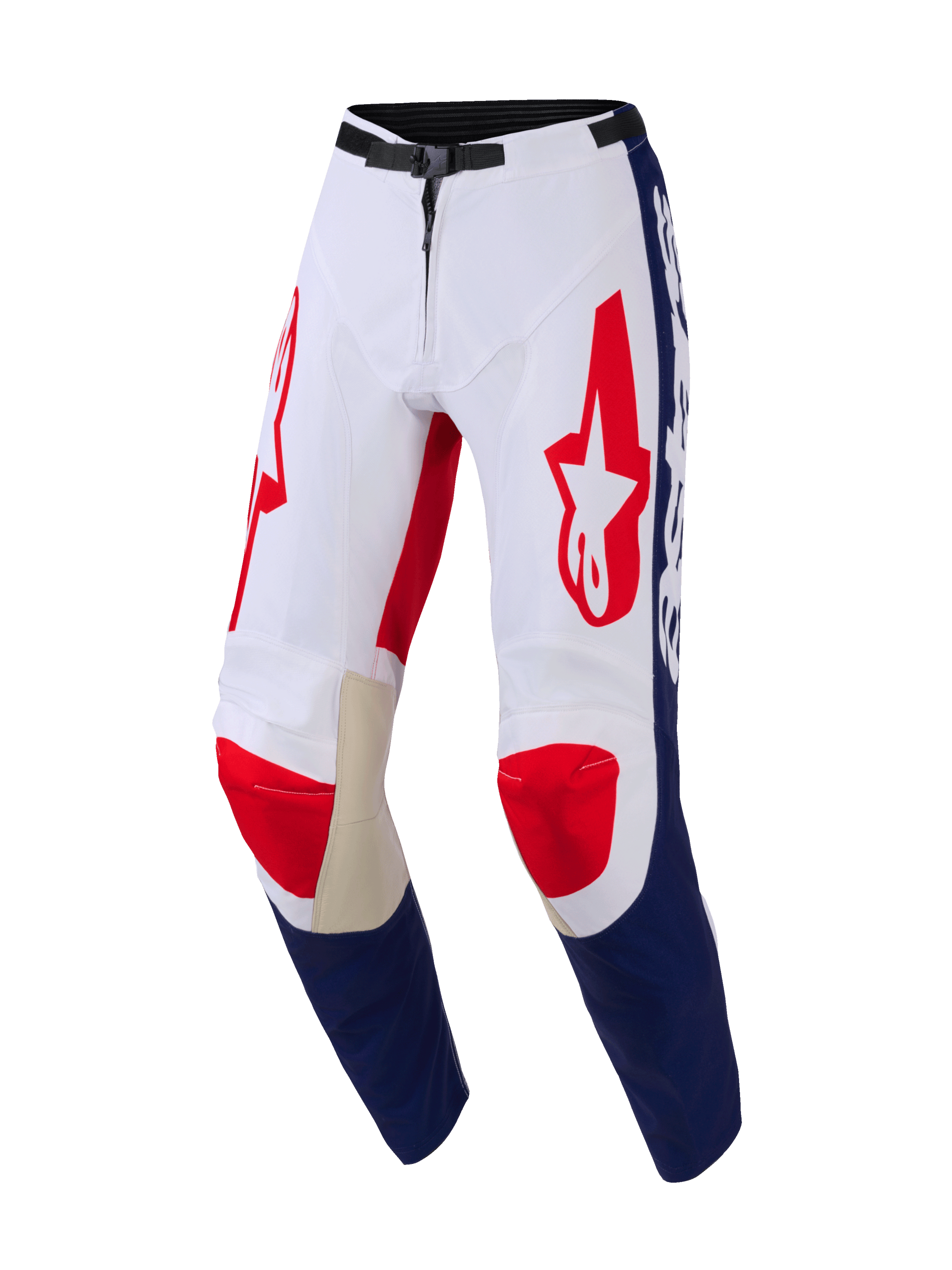 Alpinestars Racer Riway 2026, pantaloni da motocross, bianco, blu e rosso, con loghi Astar rossi sulle cosce, pannelli blu sulla parte inferiore delle gambe, rinforzi interni alle ginocchia in pelle tan e fibbia magnetica nera in vita, design resistente per prestazioni off-road