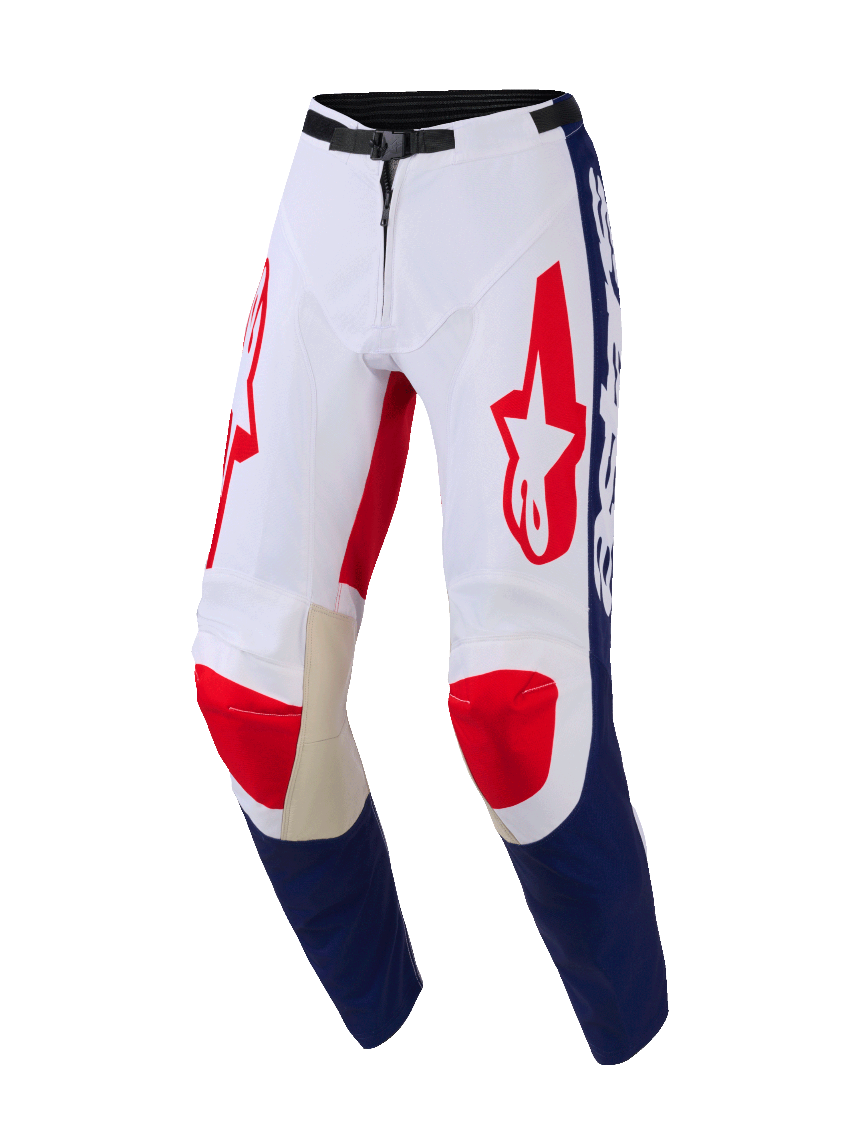 Alpinestars Racer Riway 2026, pantaloni da motocross, bianco, blu e rosso, con loghi Astar rossi sulle cosce, pannelli blu sulla parte inferiore delle gambe, rinforzi interni alle ginocchia in pelle tan e fibbia magnetica nera in vita, design resistente per prestazioni off-road