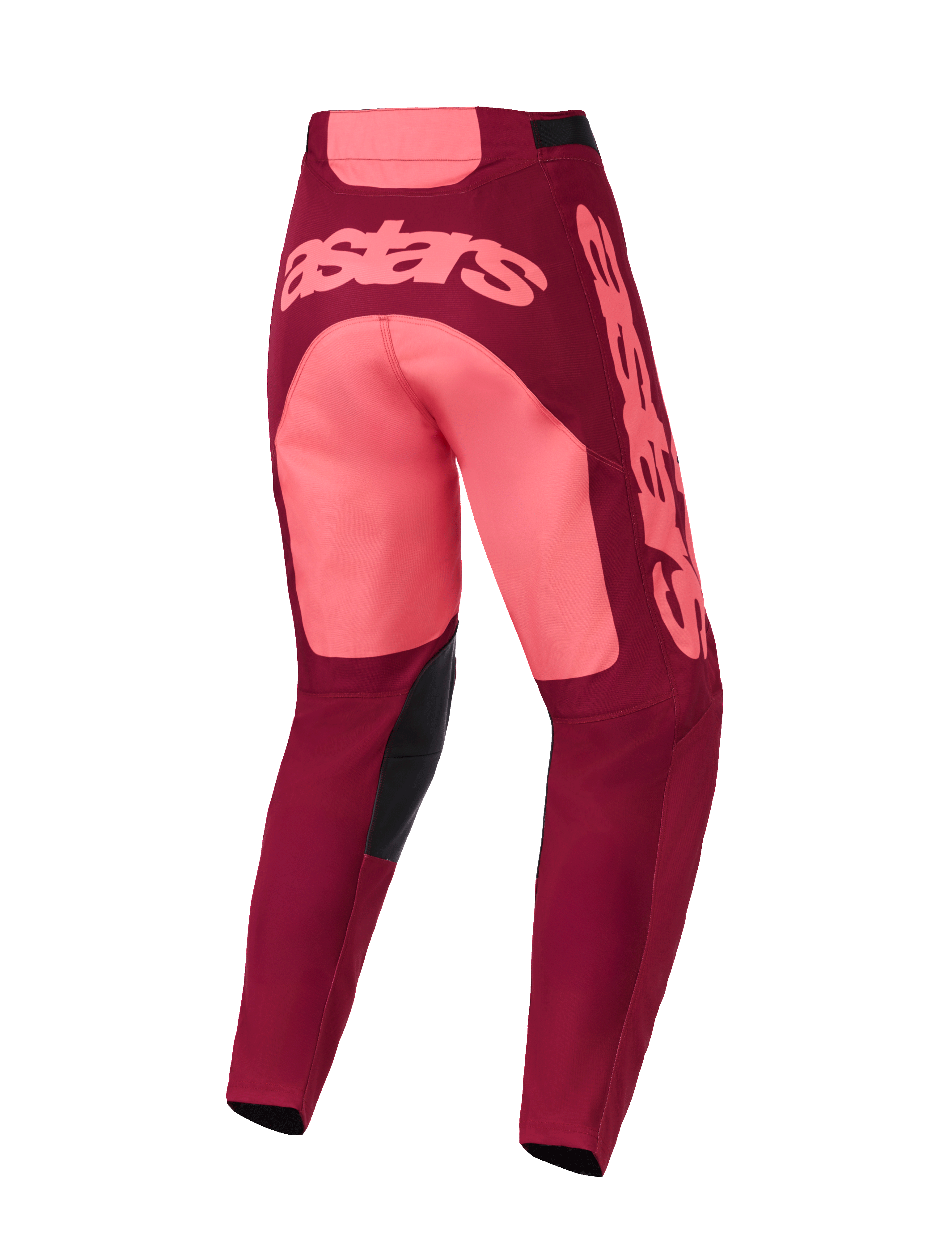 Alpinestars 2026 Racer Riway Pants, pantaloni da motocross, Dark Red Coral, vista posteriore con grande marchio Astars rosa su seduta e gamba, inserti neri all'interno delle ginocchia, design ergonomico per prestazioni fuoristrada