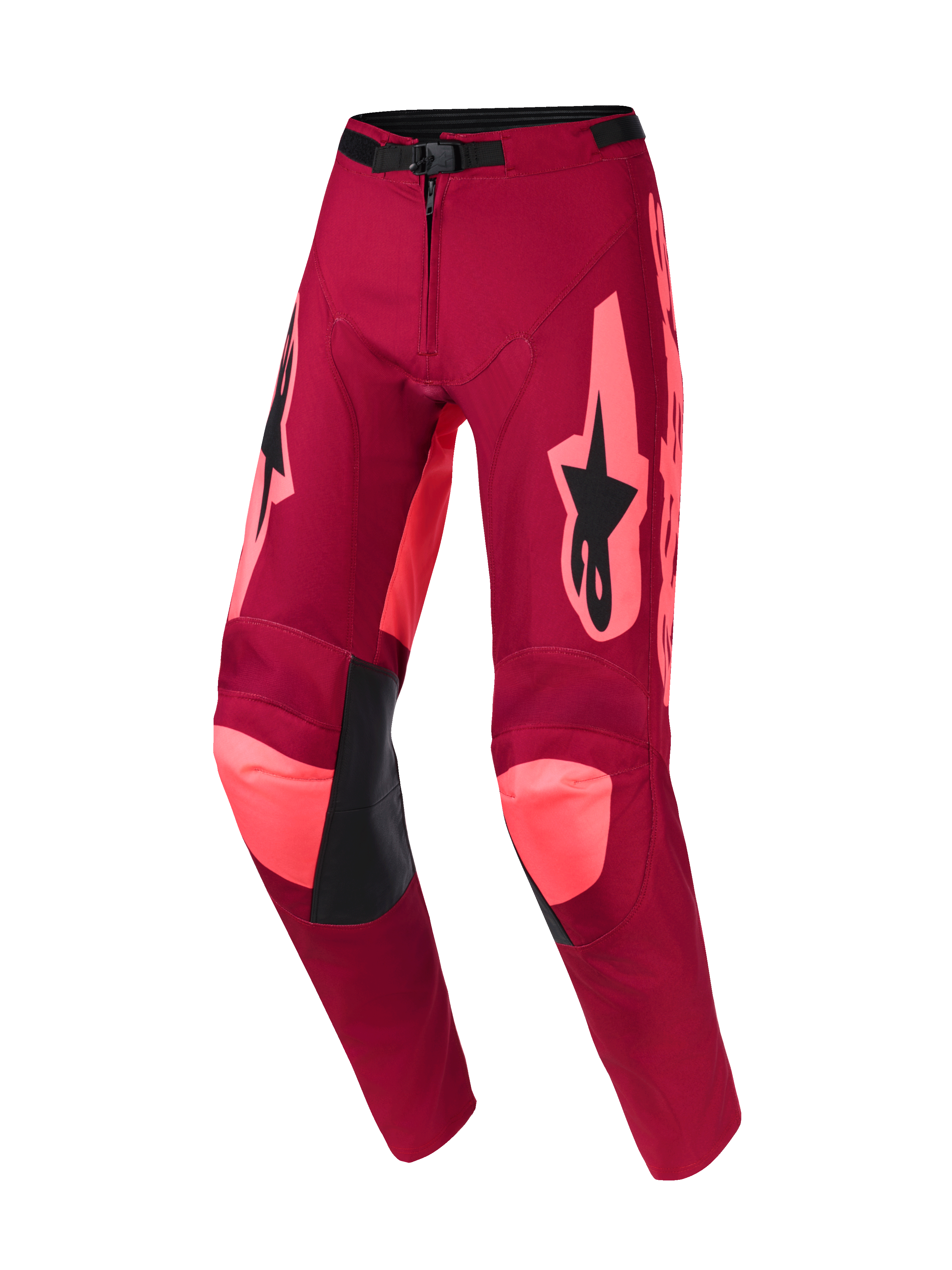 Alpinestars 2026 Racer Riway Pants, pantaloni da motocross, Dark Red Coral con vivaci accenti corallo su ginocchia e fianchi, logo Alpinestars nero sulle cosce, pannelli interni alle ginocchia in pelle nera e fibbia regolabile in vita, design resistente per il fuoristrada
