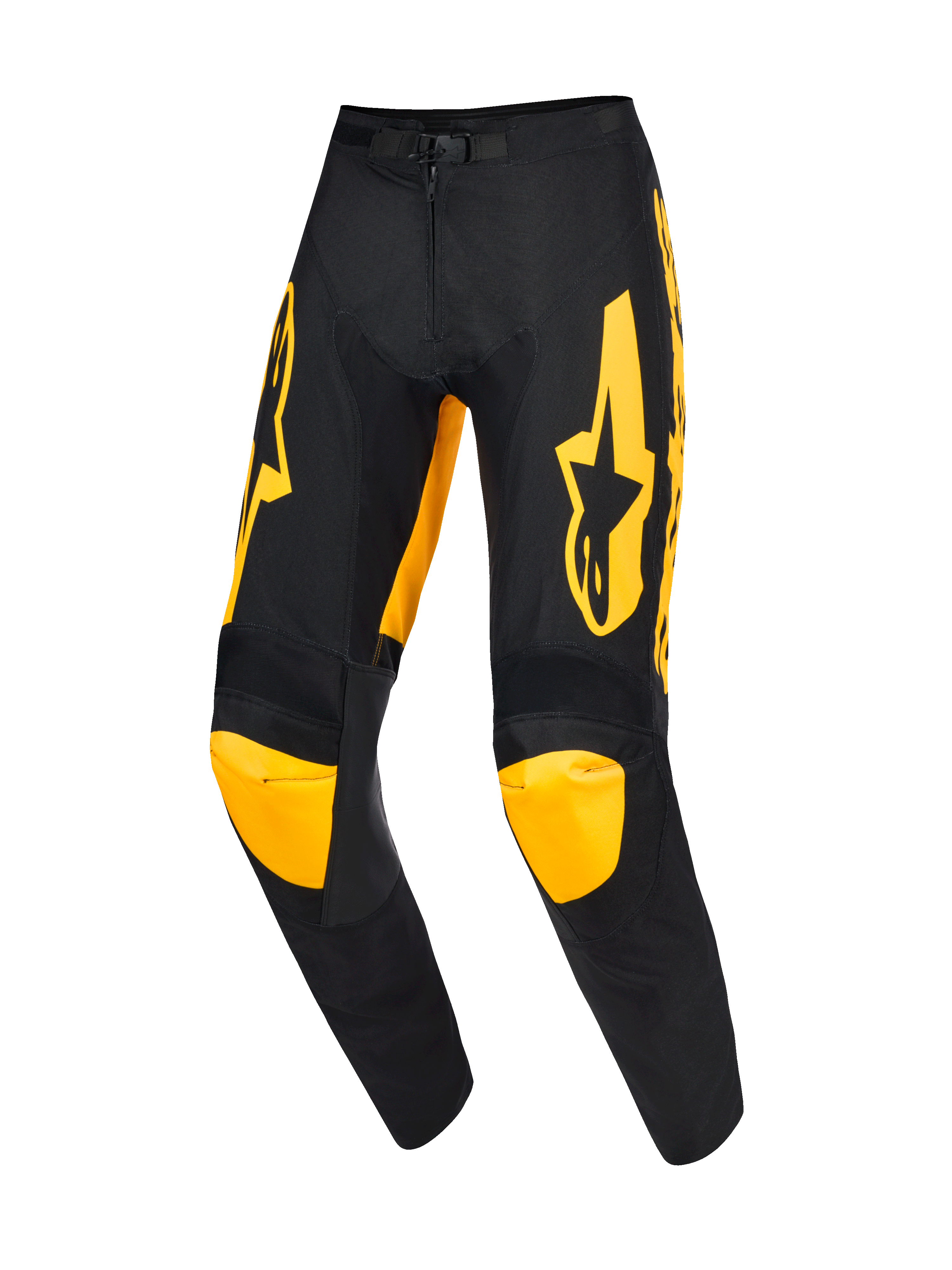 Alpinestars Pantaloni Racer Riway 2026, pantaloni da motocross, giallo e nero, con vistosi loghi gialli sulle cosce e pannelli gialli sulle ginocchia, design ergonomico pre-curvato, struttura in polyfabric resistente per gare off-road professionali
