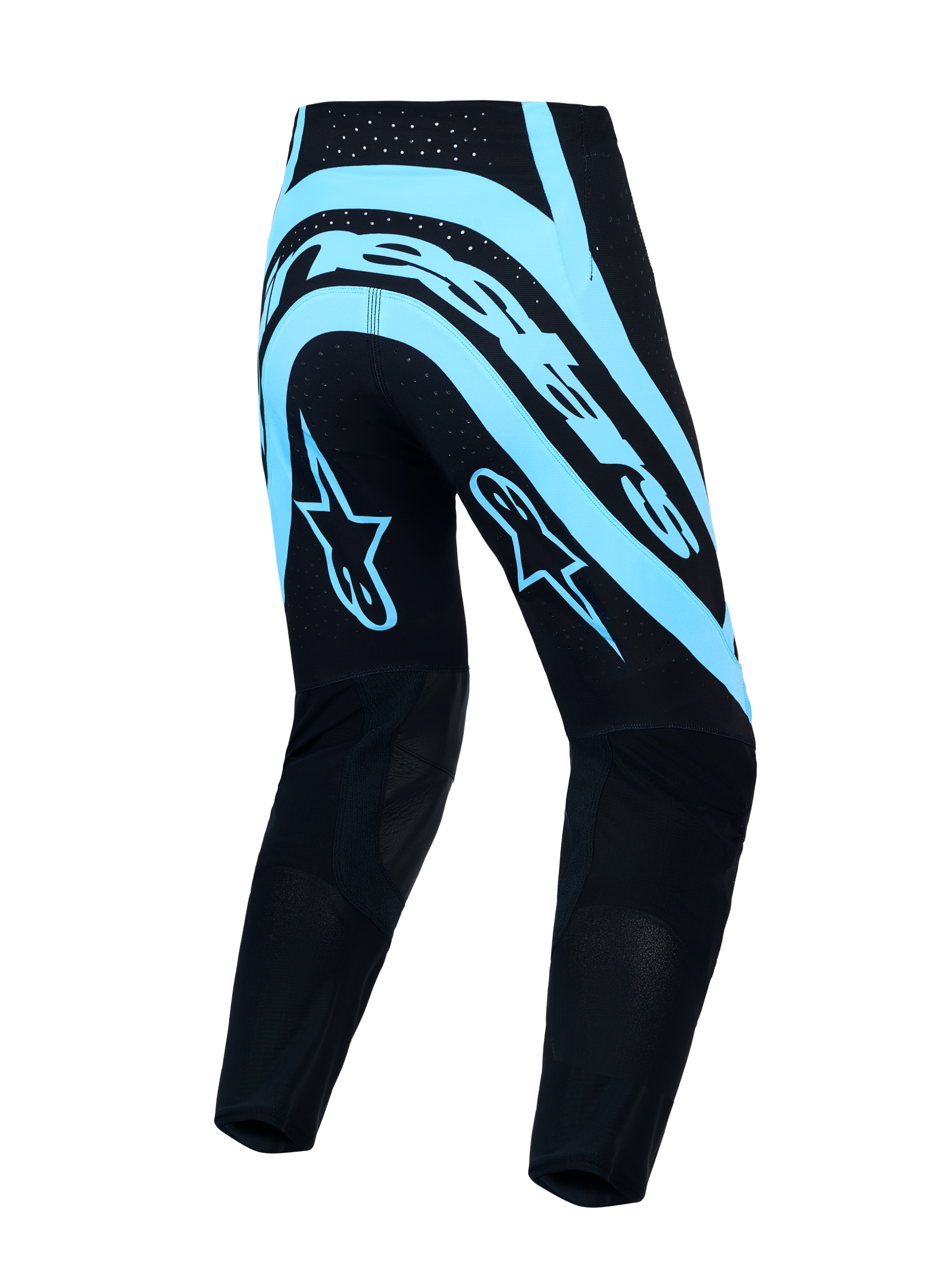 Alpinestars pantaloni Supertech Vesta, pantaloni da motocross per uomo, neri e turchese, con tessuto rip-stop elasticizzato e vestibilità race fit, vista posteriore.