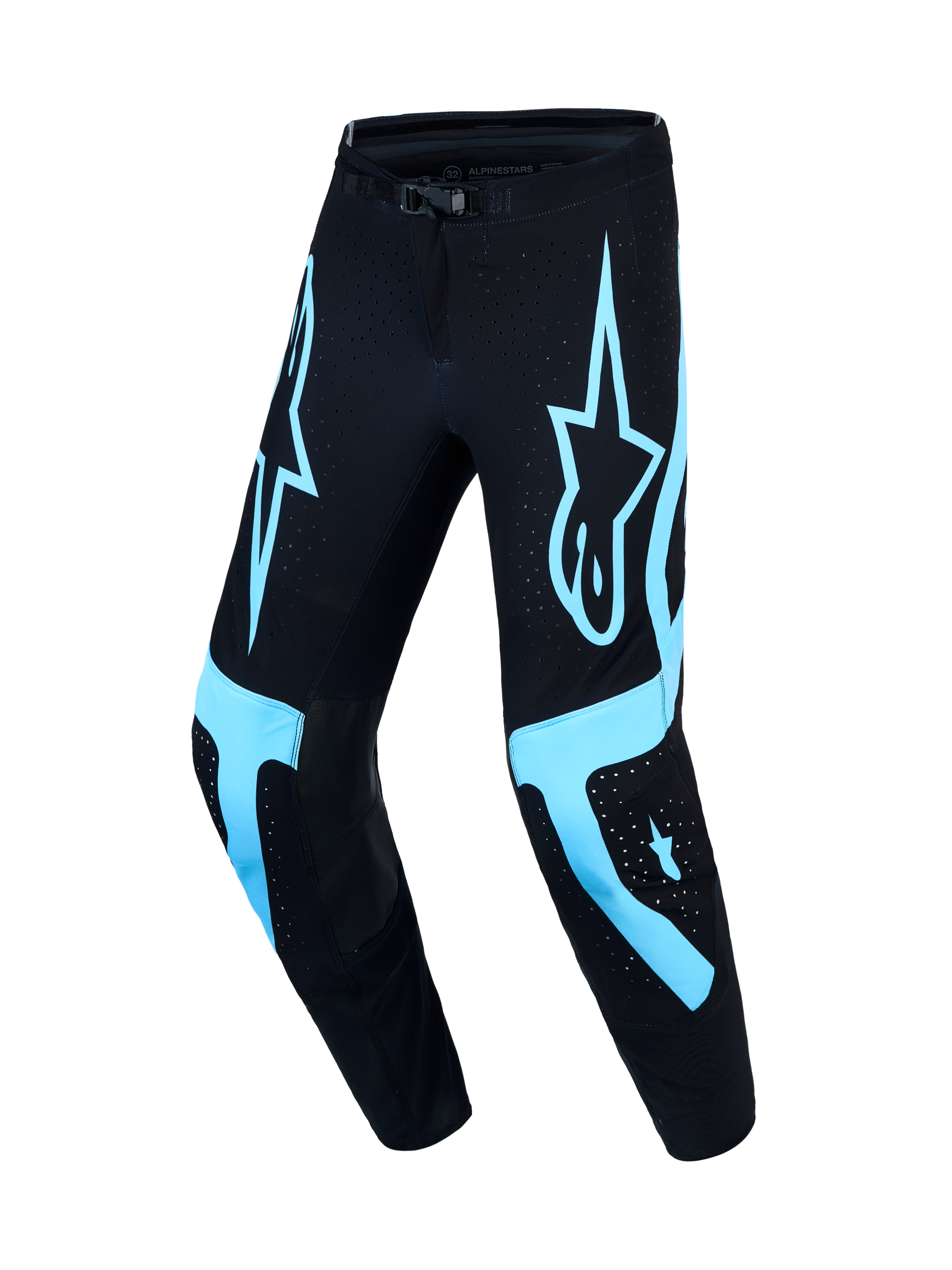 Alpinestars Pantaloni Supertech Vesta, pantaloni motocross, taglia 32, neri e turchesi, vestibilità atletica e zone ventilate