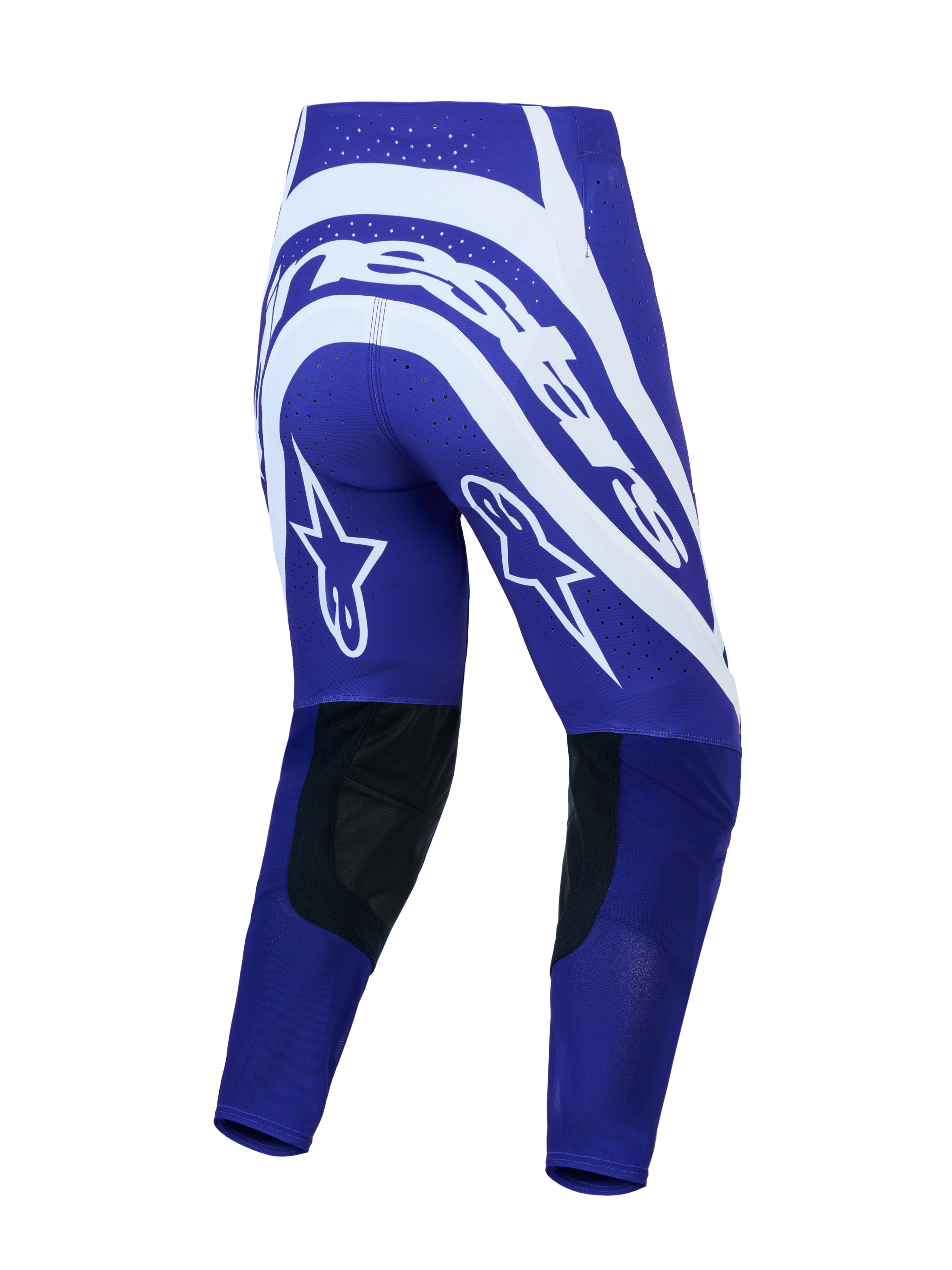 Alpinestars pantaloni Supertech Vesta, pantaloni da motocross per uomo, blu e bianchi, vista posteriore con grafiche a stella e pelle