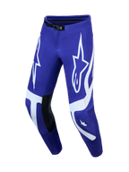 Alpinestars Pantaloni Supertech Vesta, pantaloni motocross da uomo, blu e bianchi con pannelli in pelle e grafiche a stella.