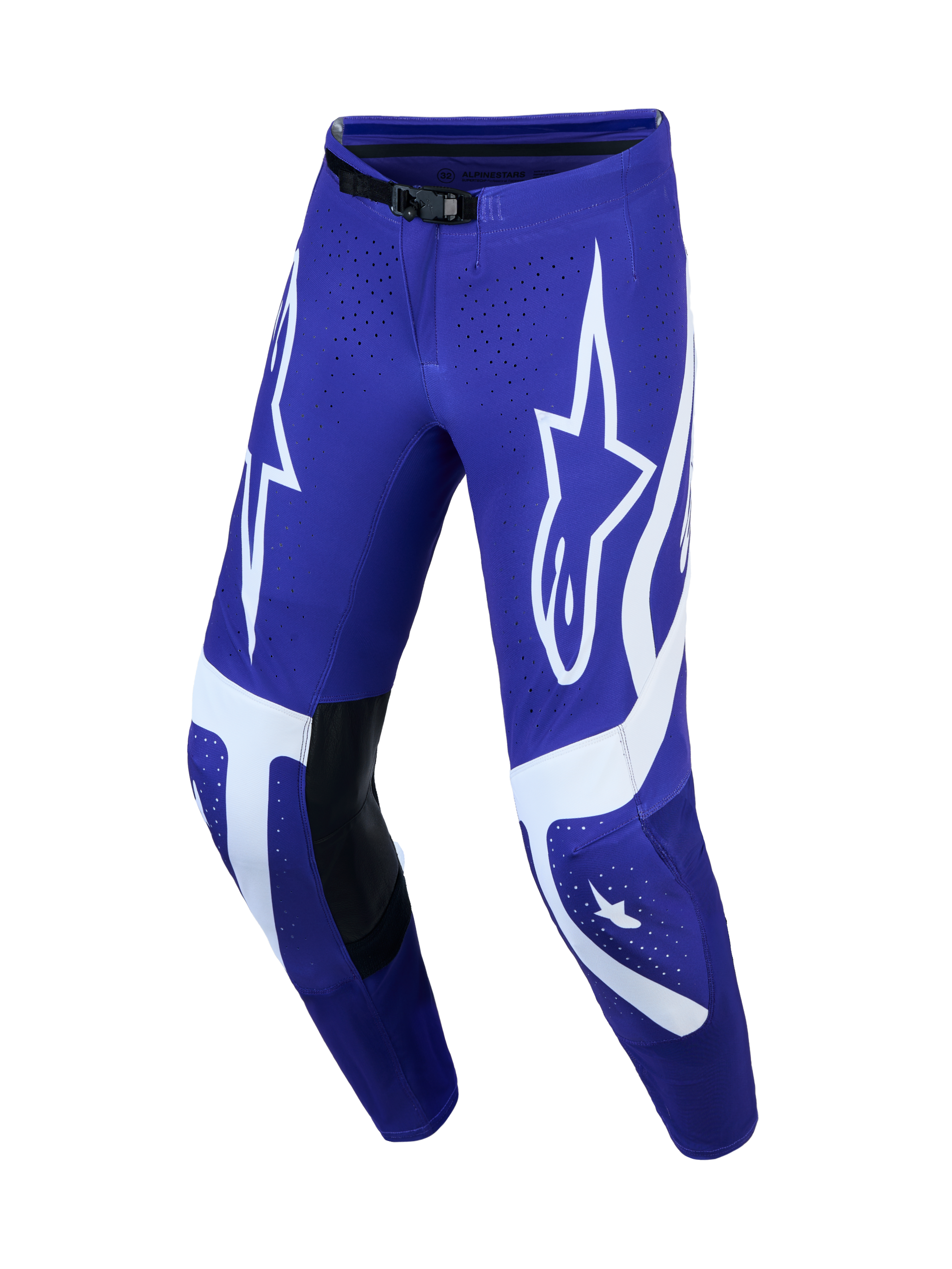 Alpinestars Pantaloni Supertech Vesta, pantaloni motocross da uomo, blu e bianchi con pannelli in pelle e grafiche a stella.