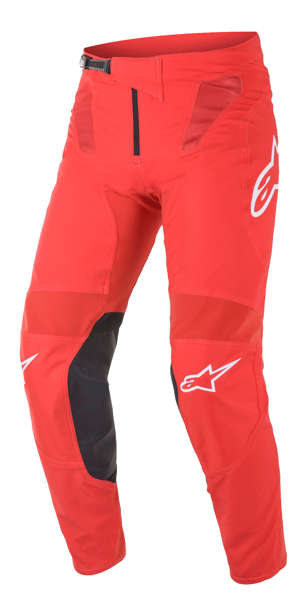 Alpinestars Supertech Blaze Pants, pantaloni da motocross, rosso acceso e nero, con pannelli di ventilazione in mesh, rinforzi interni in pelle nera sulle ginocchia, loghi A-star bianchi e fibbia a cricchetto regolabile in vita per guida fuoristrada ad alte prestazioni