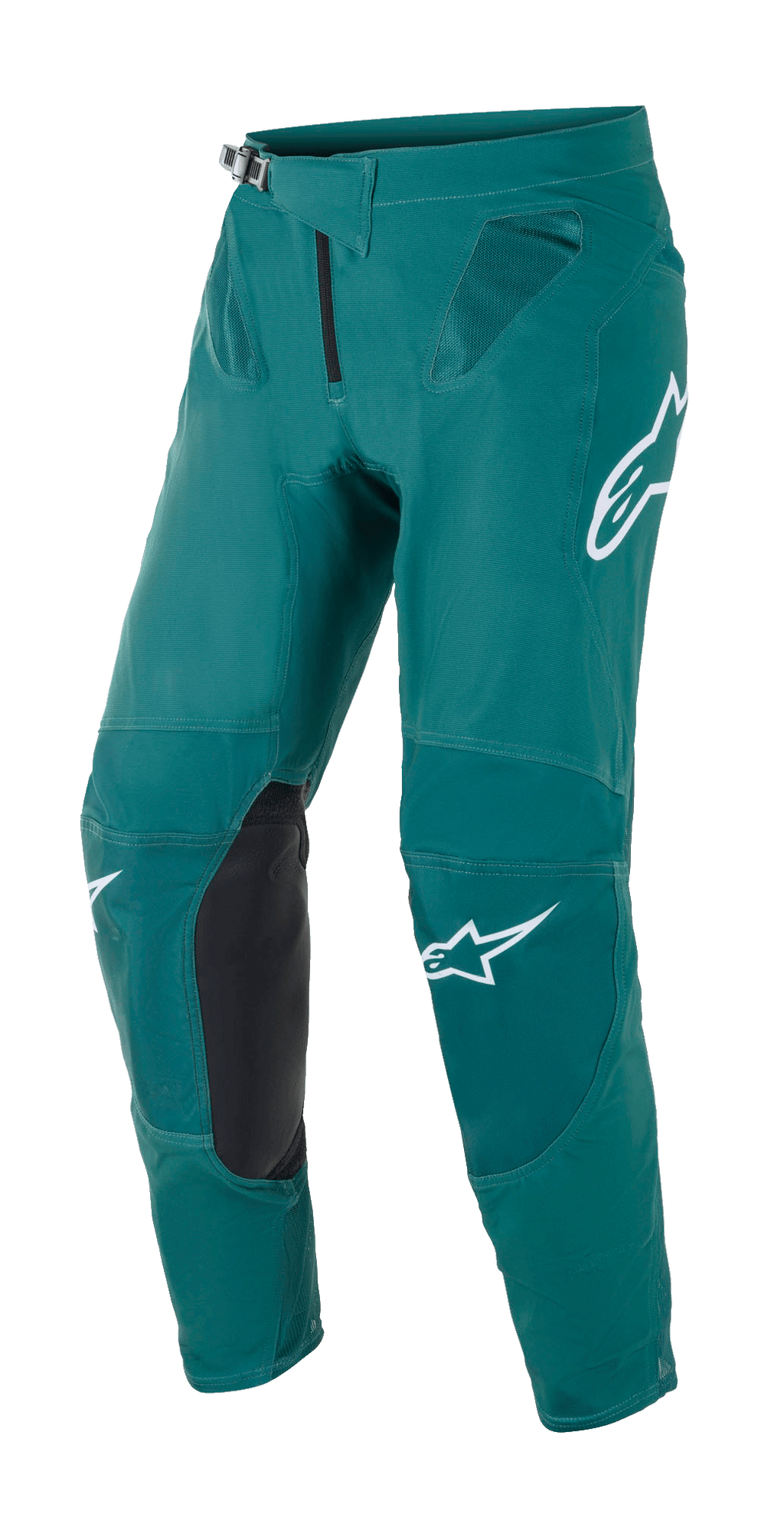 Alpinestars Supertech Blaze Pants, pantaloni da motocross, verde scuro, con loghi Alpinestars bianchi, pannelli di rinforzo in pelle nera sulle ginocchia, chiusura a cricchetto in vita e ventilazione in rete sui fianchi, costruzione resistente per gare fuoristrada