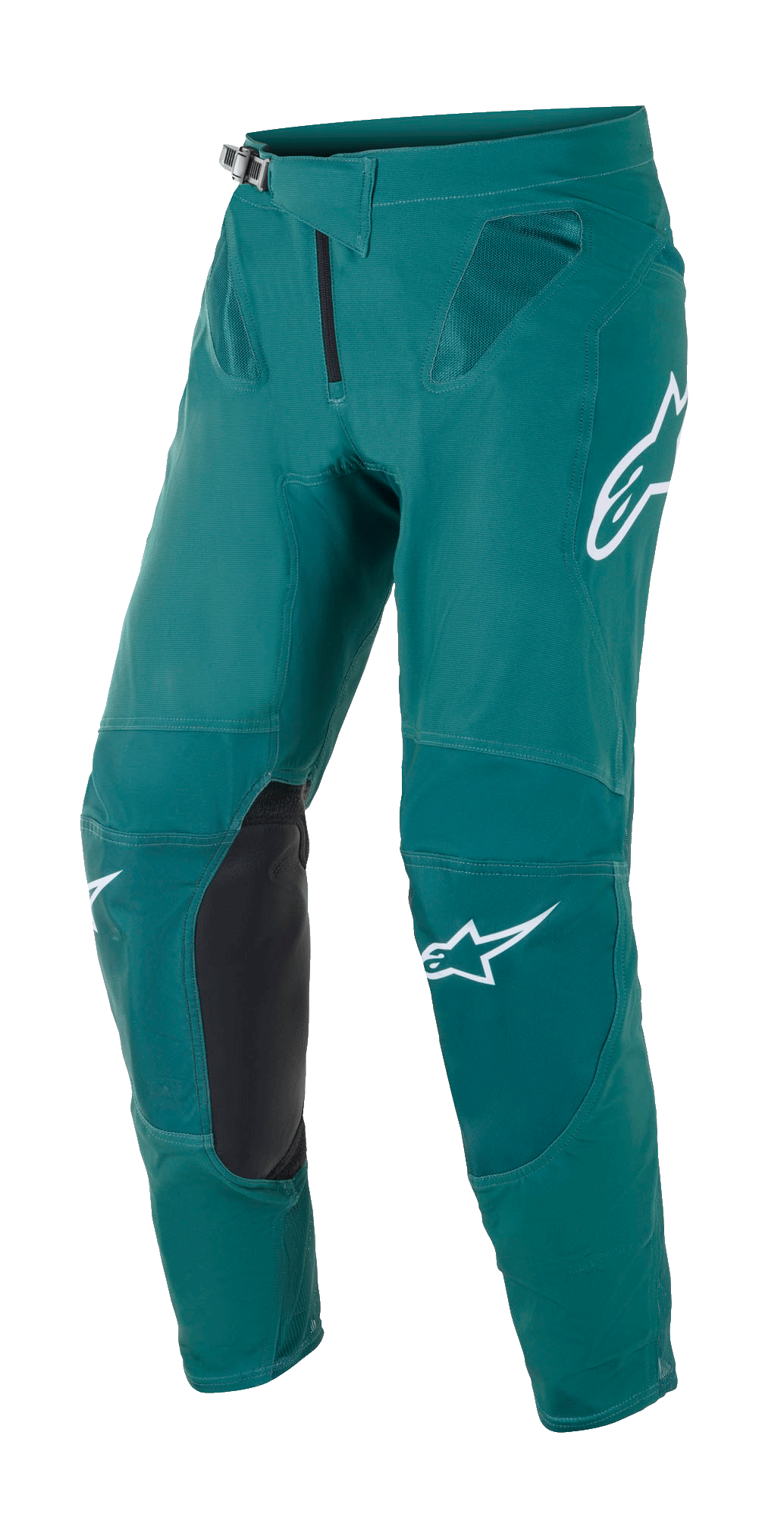 Alpinestars Supertech Blaze Pants, pantaloni da motocross, verde scuro, con loghi Alpinestars bianchi, pannelli di rinforzo in pelle nera sulle ginocchia, chiusura a cricchetto in vita e ventilazione in rete sui fianchi, costruzione resistente per gare fuoristrada