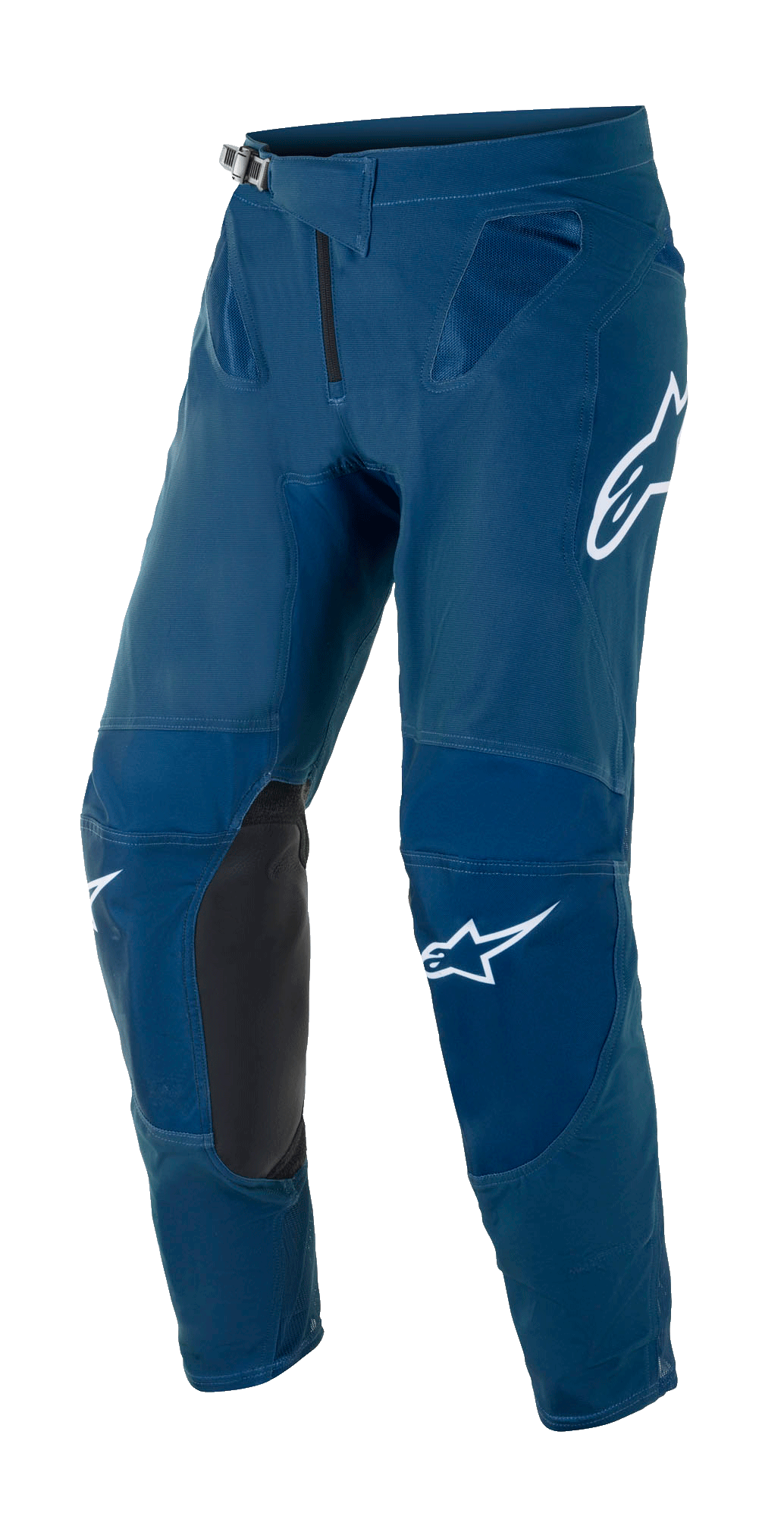 Alpinestars Supertech Blaze Pants, pantaloni da motocross fuoristrada, blu scuro, con pannelli interni al ginocchio in pelle nera, loghi Alpinestars bianchi su coscia e gamba, fibbia a cricchetto regolabile in vita e zone di ventilazione in rete sui fianchi.
