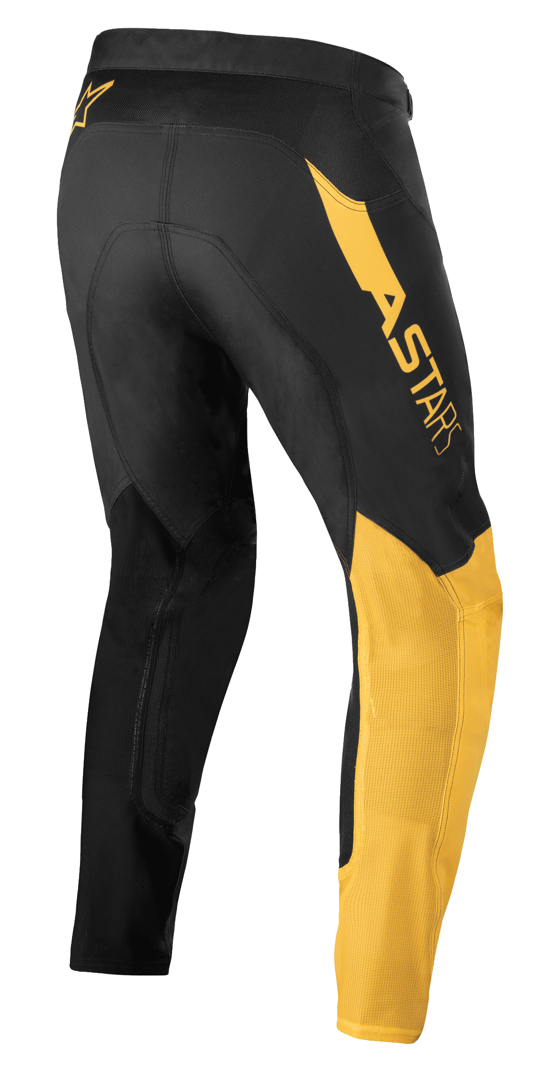 Alpinestars Pantaloni Supertech Blaze, pantaloni da motocross, nero e giallo caldo, vista laterale posteriore, con vistoso logo 'ASTARS' sull'anca, pannelli gialli sulla gamba e tessuto tecnico elasticizzato per prestazioni fuoristrada