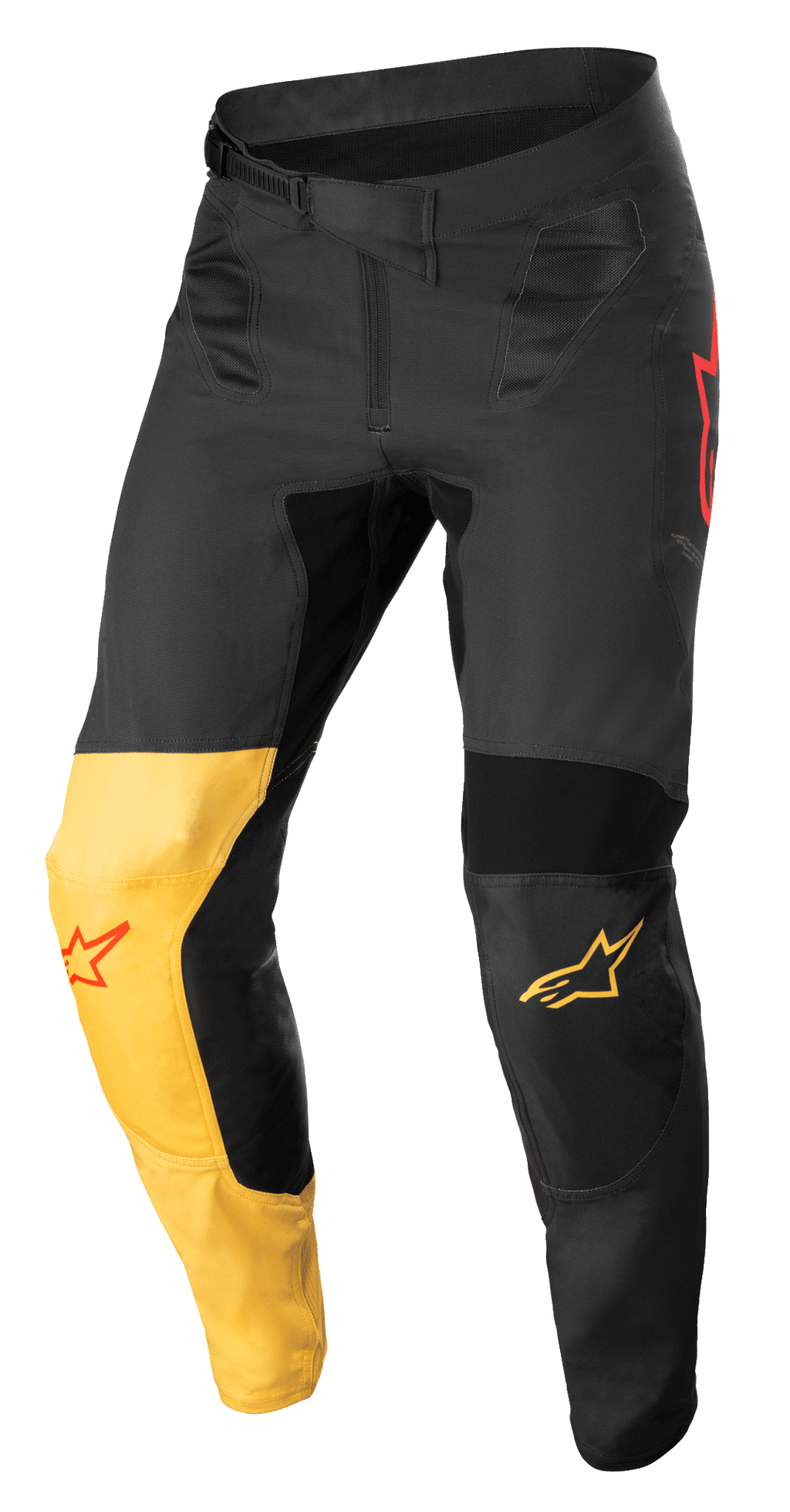 Alpinestars Supertech Blaze Pants, pantaloni da motocross, nero, giallo caldo e rosso fluo, con pannello giallo sul ginocchio, loghi stella rossi, chiusura a cricchetto in vita e pannelli protettivi rinforzati per prestazioni fuoristrada