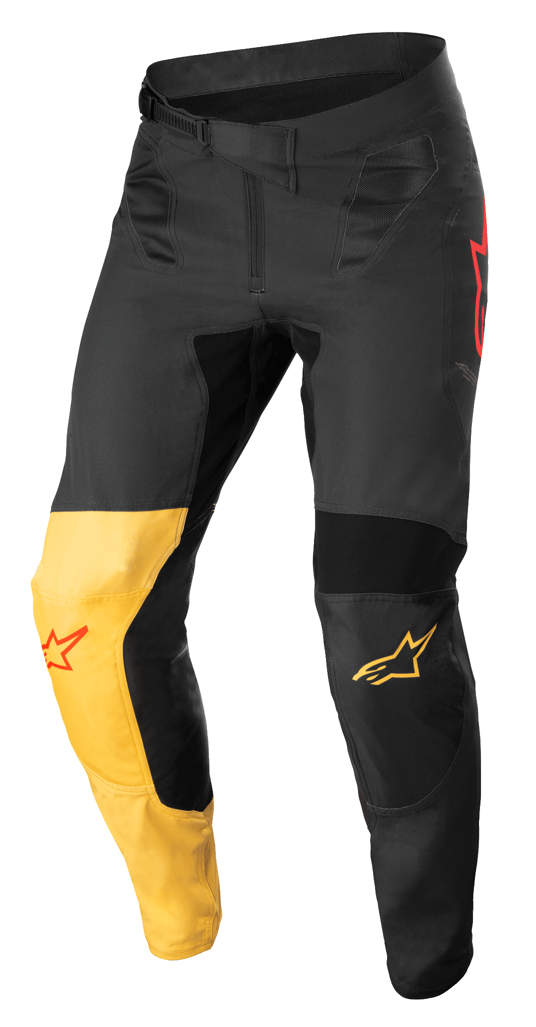Alpinestars Supertech Blaze Pants, pantaloni da motocross, nero, giallo caldo e rosso fluo, con pannello giallo sul ginocchio, loghi stella rossi, chiusura a cricchetto in vita e pannelli protettivi rinforzati per prestazioni fuoristrada