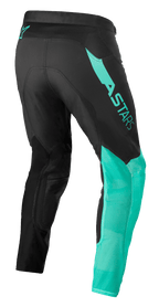 Alpinestars Pantaloni Supertech Blaze, pantaloni da motocross, nero e verde pastello, vista posteriore di tre quarti con marchio ASTARS sulla coscia, mesh traspirante sulla parte inferiore delle gambe e tessuto elasticizzato per prestazioni ergonomiche