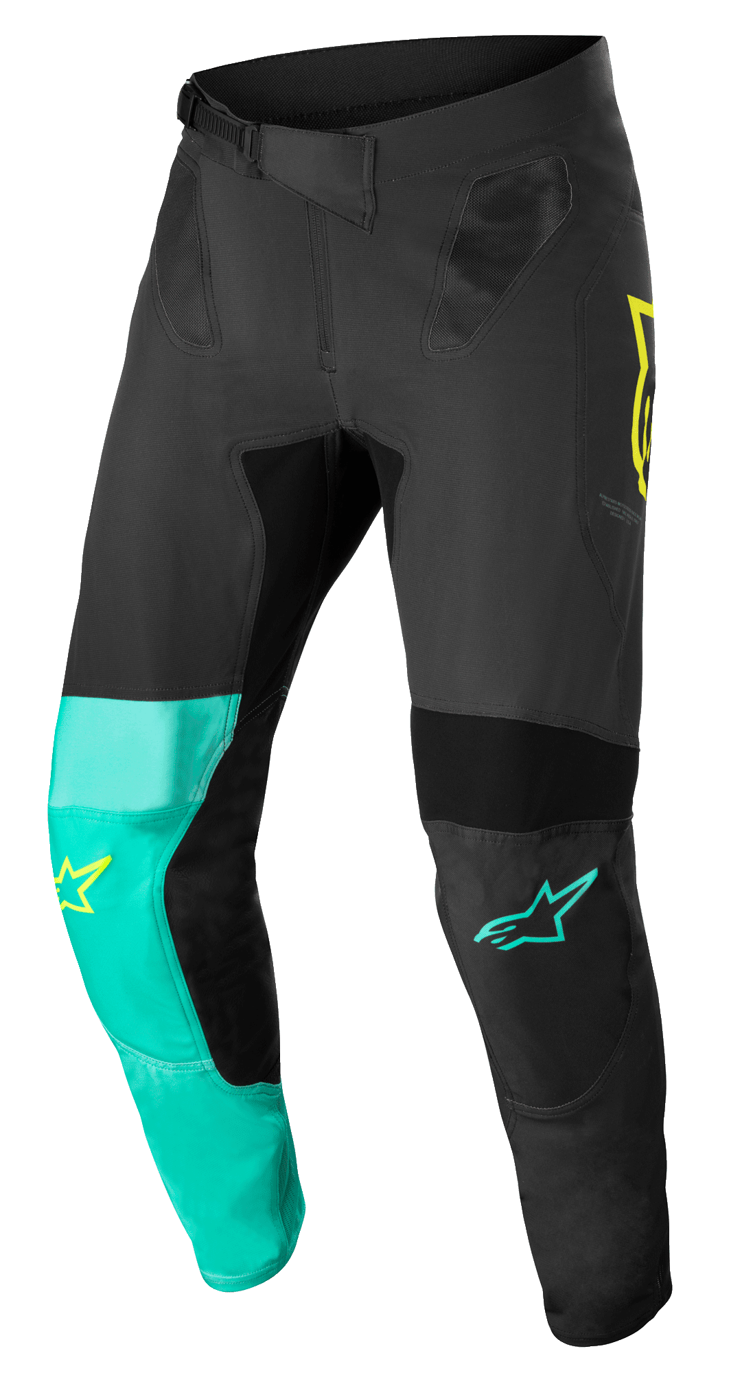 Alpinestars Supertech Blaze Pants, pantaloni da motocross, nero, verde pastello e giallo fluo, con pannelli asimmetrici sulle gambe, loghi a stella gialli e verde acqua, inserti di ventilazione in mesh e cintura regolabile a cricchetto per corse fuoristrada