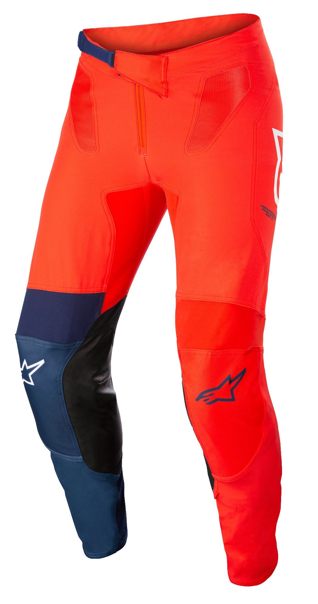 Pantaloni Alpinestars Supertech Blaze, pantaloni da motocross fuoristrada, rosso acceso e blu scuro con accenti bianchi, inserti interni alle ginocchia in pelle nera, chiusura regolabile a cricchetto in vita, loghi Alpinestars bianchi e blu, struttura elasticizzata resistente per motocross.