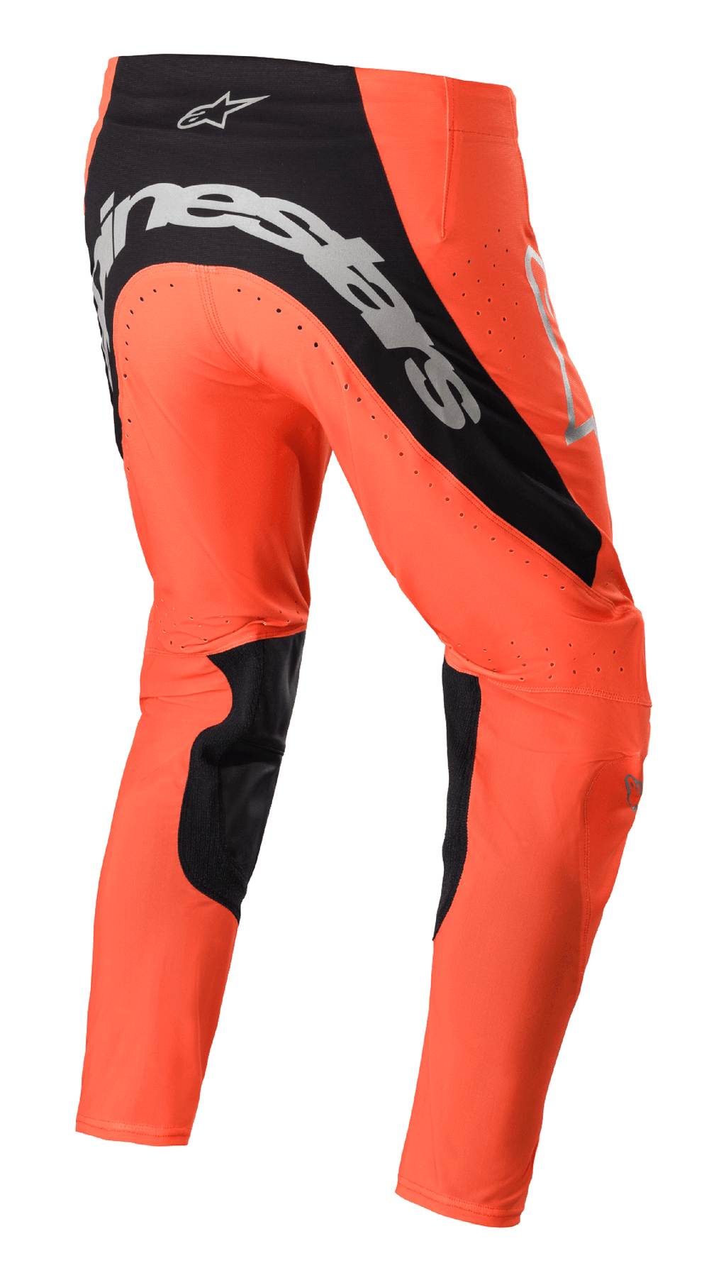 Alpinestars 2023 Supertech Risen Pants, pantaloni da motocross, arancione acceso e nero, vista posteriore con vistoso marchio argento sulla seduta, pannelli interni neri sulle gambe e zone di ventilazione perforate per corse fuoristrada.