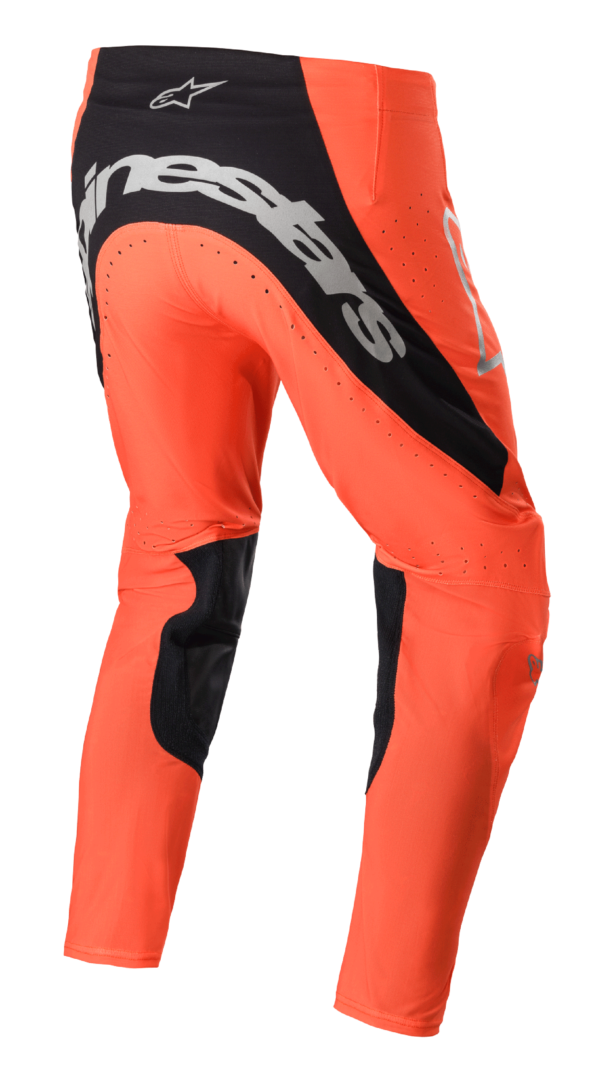 Alpinestars 2023 Supertech Risen Pants, pantaloni da motocross, arancione acceso e nero, vista posteriore con vistoso marchio argento sulla seduta, pannelli interni neri sulle gambe e zone di ventilazione perforate per corse fuoristrada.