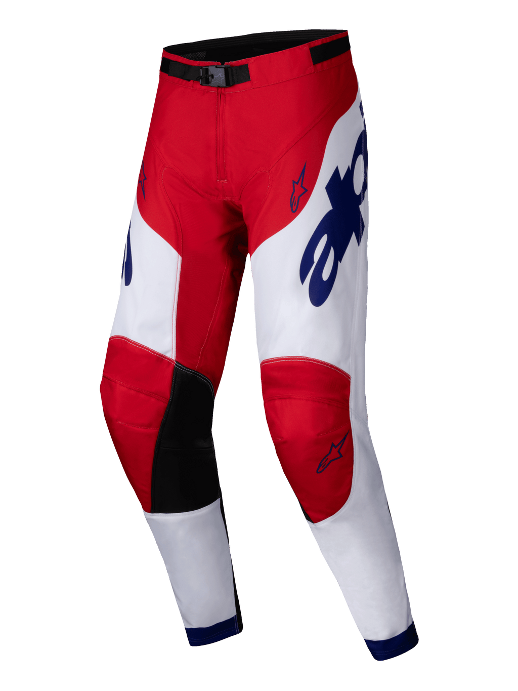 Alpinestars Pantaloni Racer Veil 2025, pantaloni da motocross, rosso acceso e bianco con accenti blu, pannelli interni sulle ginocchia neri, design ergonomico pre-curvato, branding audace e loghi a stella, equipaggiamento resistente per corse fuoristrada