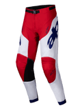 Alpinestars Pantaloni Racer Veil 2025, pantaloni da motocross, rosso acceso e bianco con accenti blu, pannelli interni sulle ginocchia neri, design ergonomico pre-curvato, branding audace e loghi a stella, equipaggiamento resistente per corse fuoristrada