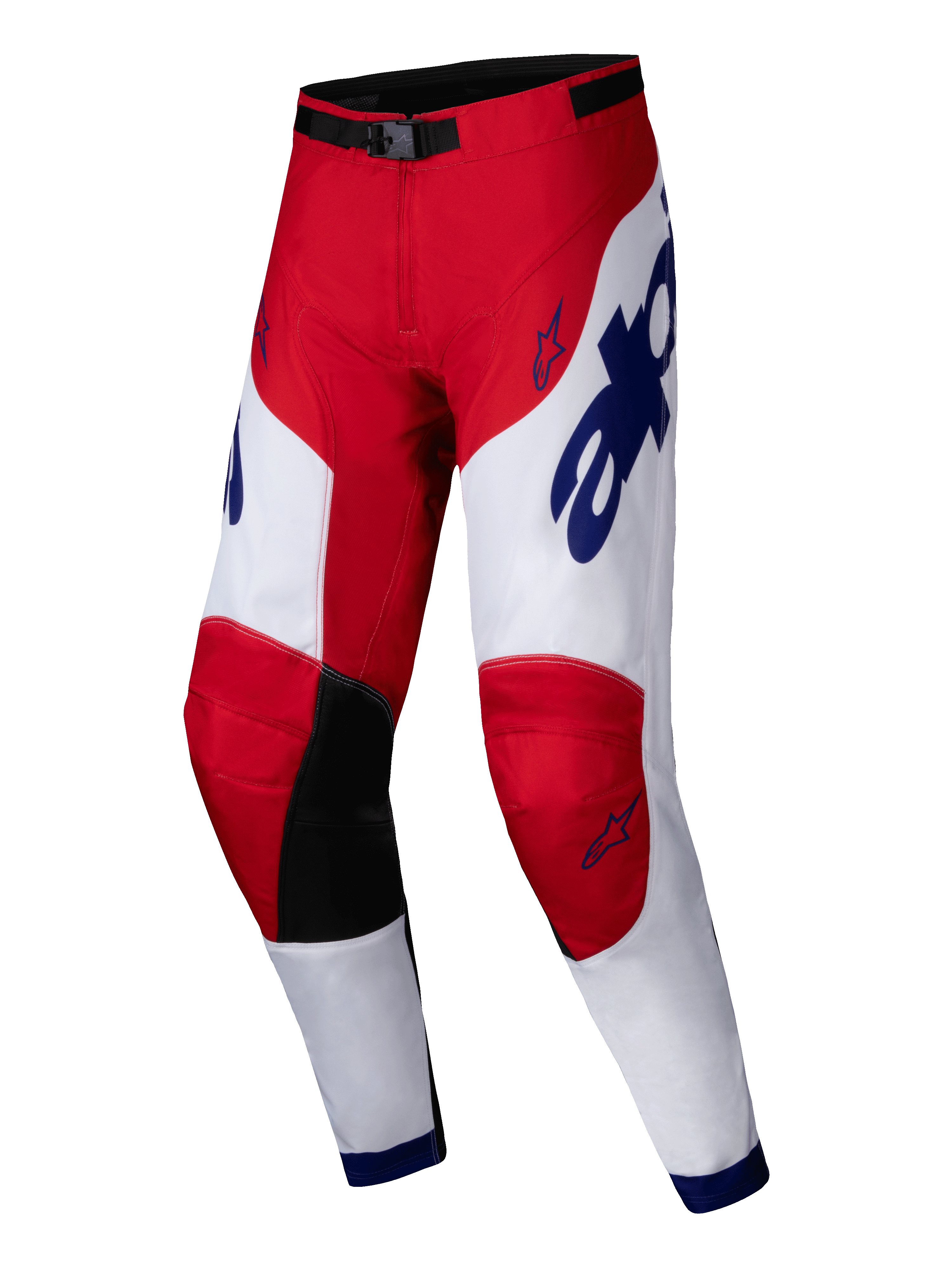 Alpinestars Pantaloni Racer Veil 2025, pantaloni da motocross, rosso acceso e bianco con accenti blu, pannelli interni sulle ginocchia neri, design ergonomico pre-curvato, branding audace e loghi a stella, equipaggiamento resistente per corse fuoristrada