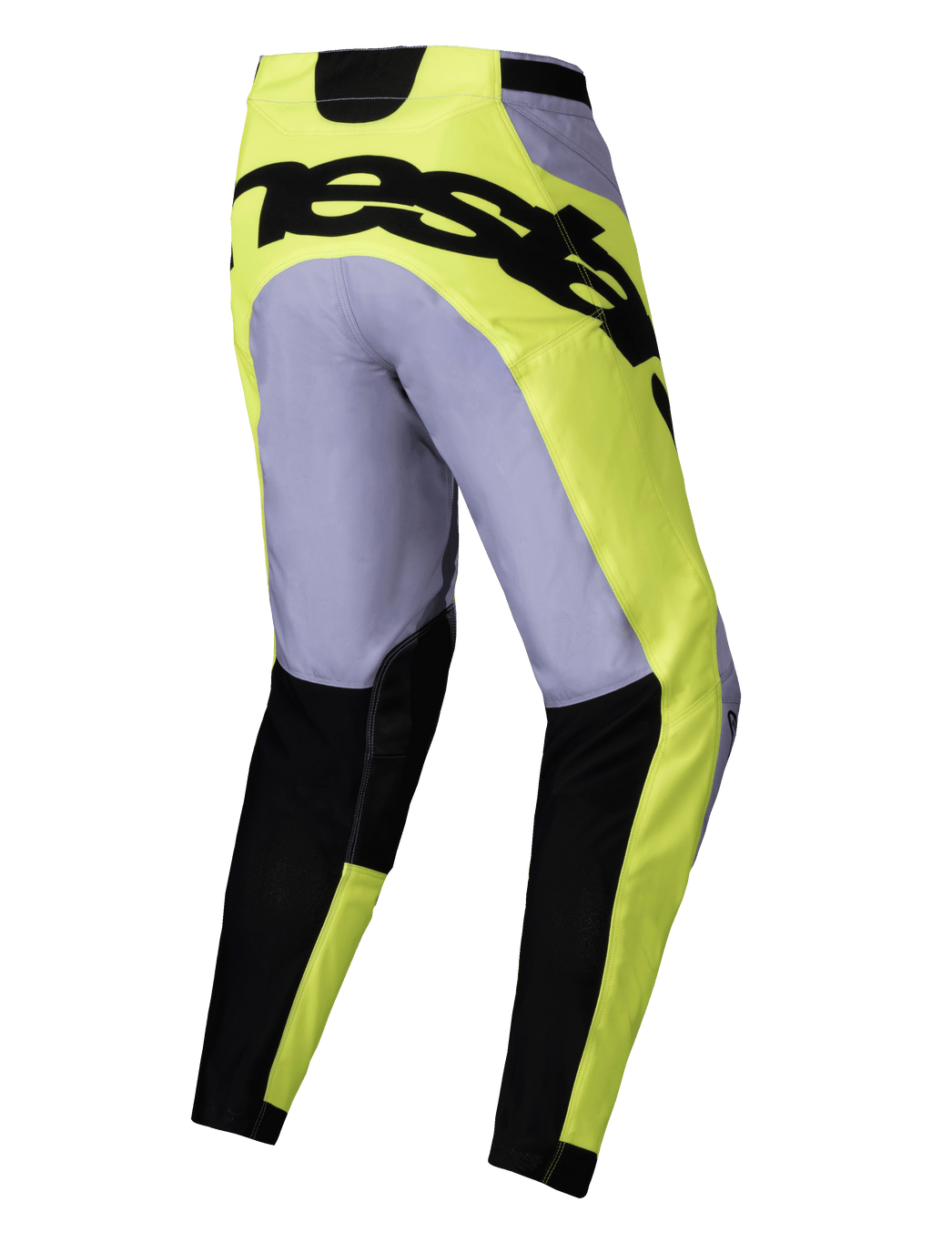 Alpinestars 2025 Racer Veil Pants, pantaloni da motocross, grigio e giallo fluo, vista posteriore con audace marchio nero sulla seduta, design tecnico leggero con sezioni inferiori della gamba nere e vestibilità precurvata