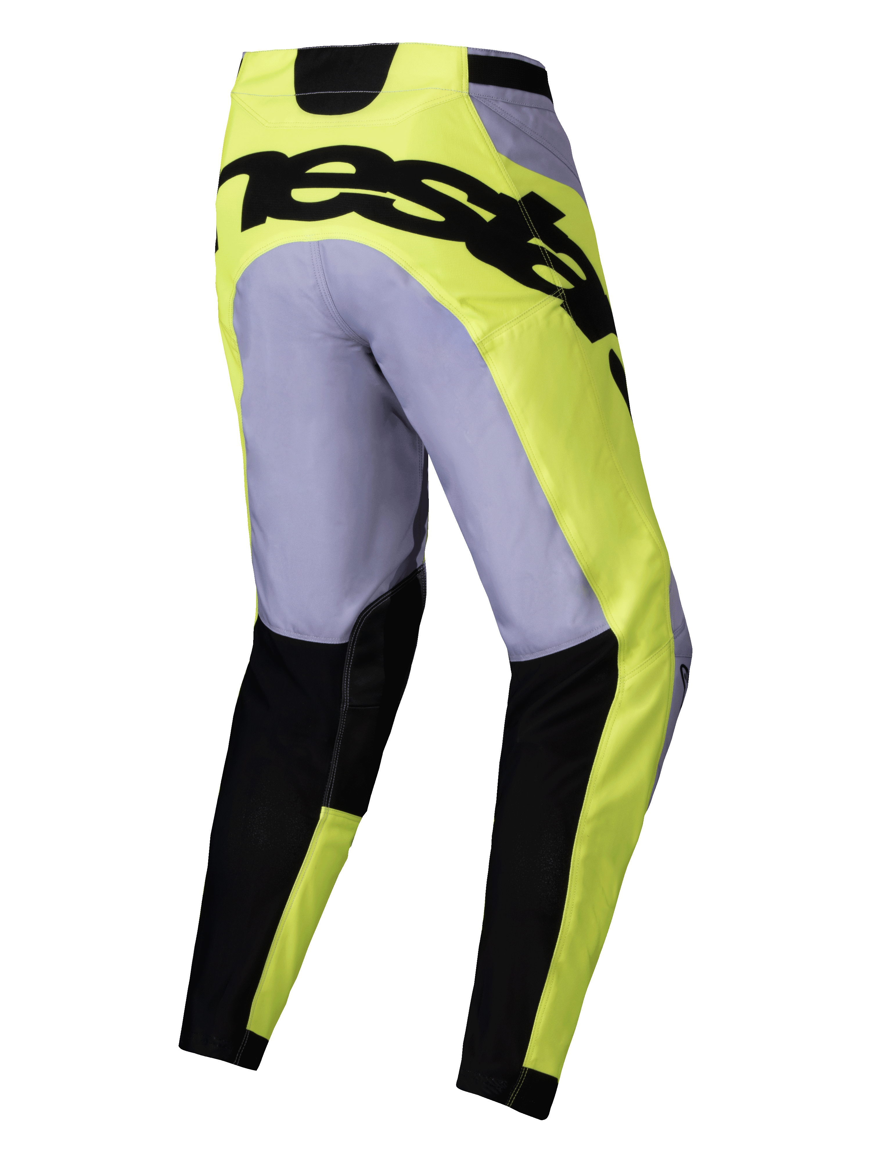 Alpinestars 2025 Racer Veil Pants, pantaloni da motocross, grigio e giallo fluo, vista posteriore con audace marchio nero sulla seduta, design tecnico leggero con sezioni inferiori della gamba nere e vestibilità precurvata