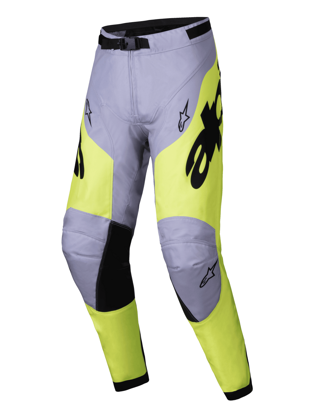 Pantaloni Alpinestars Racer Veil 2025, pantaloni da motocross, grigio e giallo fluo, dettagli neri sull'interno delle ginocchia e fibbia in vita, design ergonomico sportivo con loghi Alpinestars, tessuto resistente per corse fuoristrada