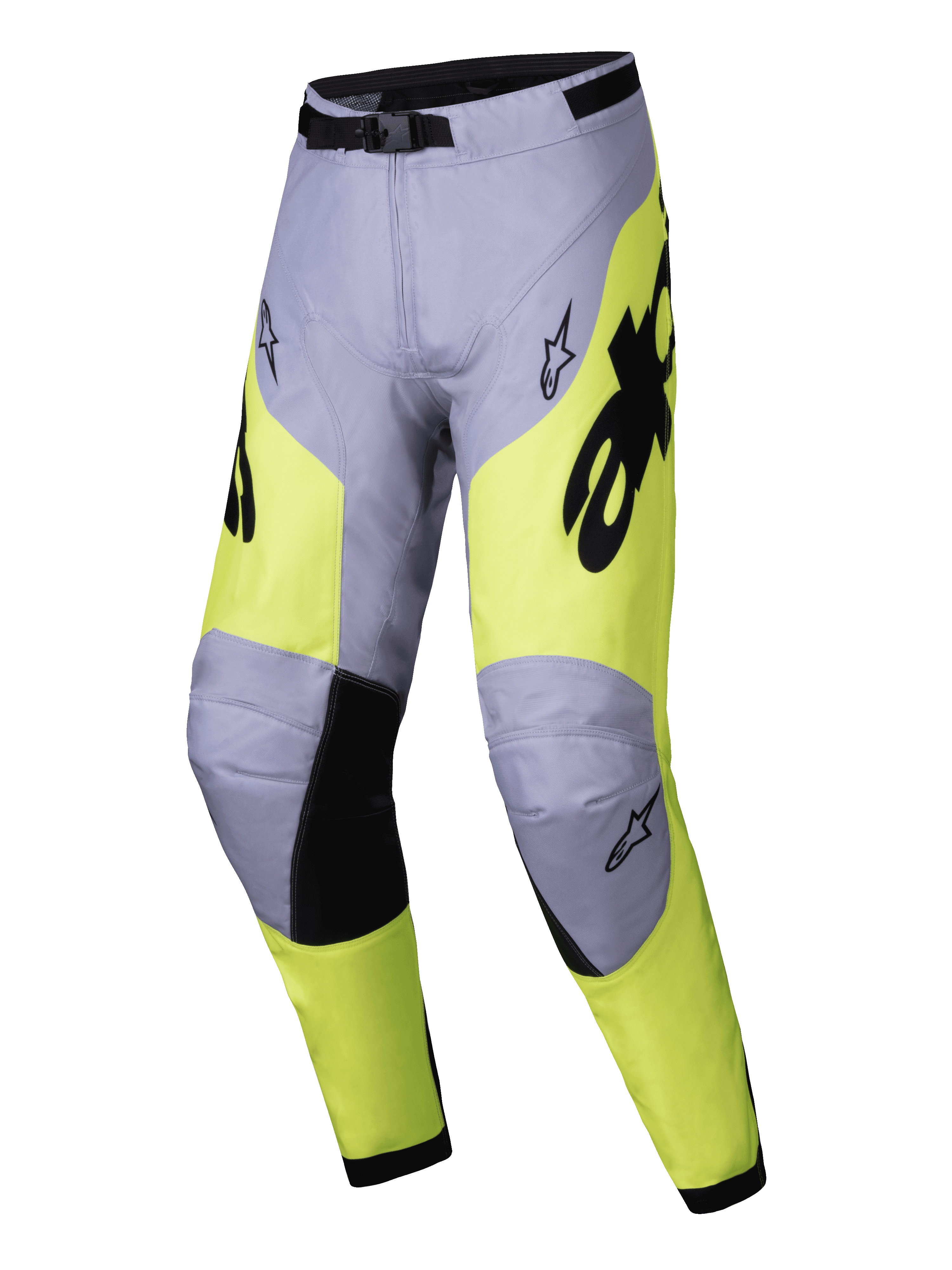 Pantaloni Alpinestars Racer Veil 2025, pantaloni da motocross, grigio e giallo fluo, dettagli neri sull'interno delle ginocchia e fibbia in vita, design ergonomico sportivo con loghi Alpinestars, tessuto resistente per corse fuoristrada