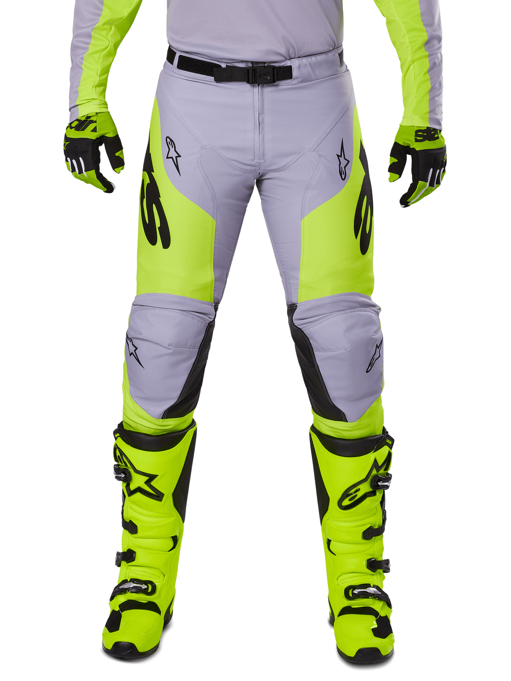 Alpinestars pantaloni Racer Veil 2025, pantaloni da motocross, grigio e giallo fluo, indossati con stivali e guanti giallo fluorescente coordinati, con loghi Alpinestars neri, design ergonomico per il fuoristrada