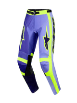 Alpinestars 2026 Racer Portl Pants, pantaloni da motocross, viola e giallo fluorescente, caratterizzati da pannelli viola multi-tono con accenti giallo neon, inserti interni in pelle nera sulle ginocchia, vistoso marchio Alpinestars sulle cosce e design ergonomico pre-curvato per il racing off-road