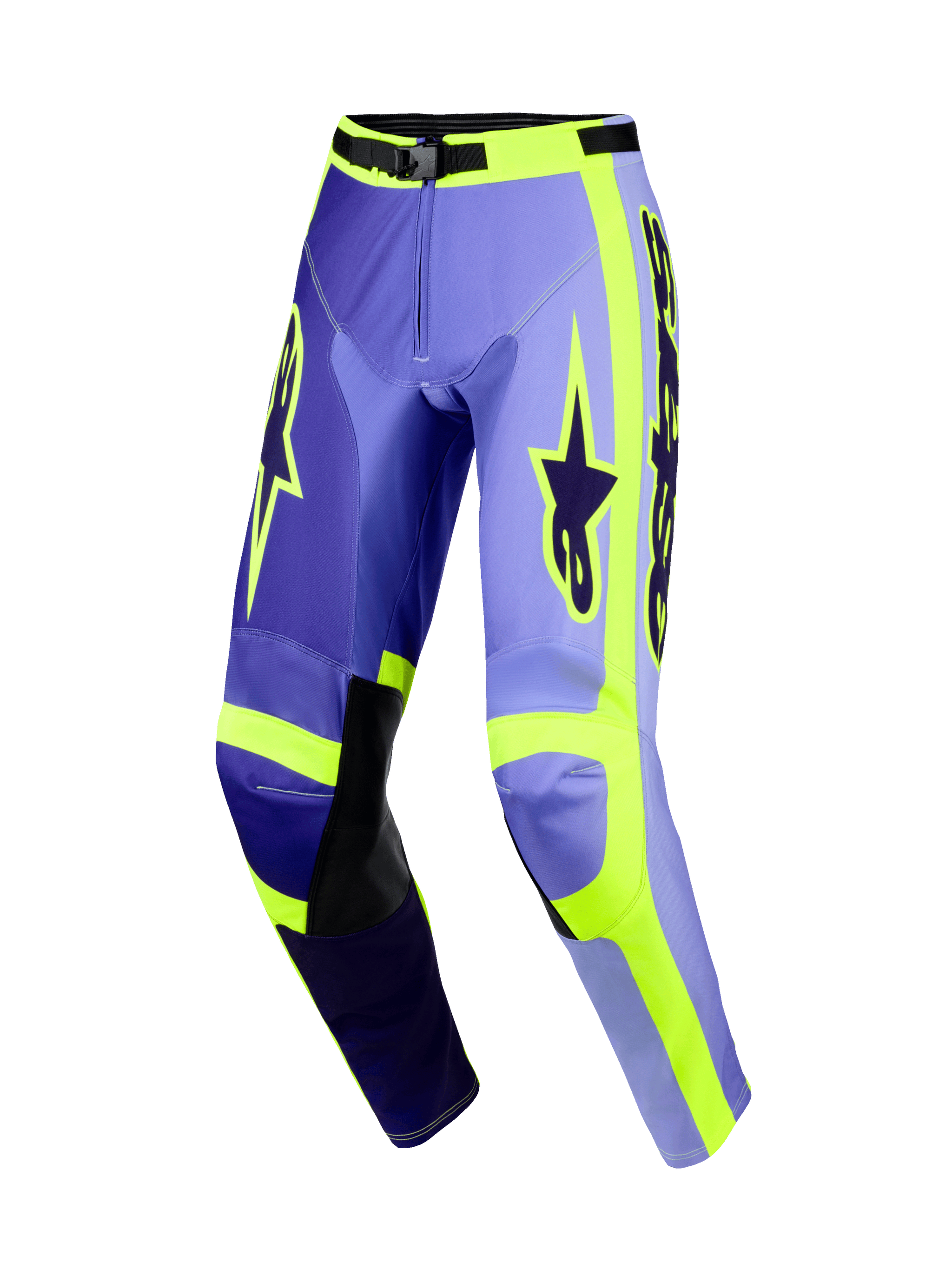 Alpinestars 2026 Racer Portl Pants, pantaloni da motocross, viola e giallo fluorescente, caratterizzati da pannelli viola multi-tono con accenti giallo neon, inserti interni in pelle nera sulle ginocchia, vistoso marchio Alpinestars sulle cosce e design ergonomico pre-curvato per il racing off-road