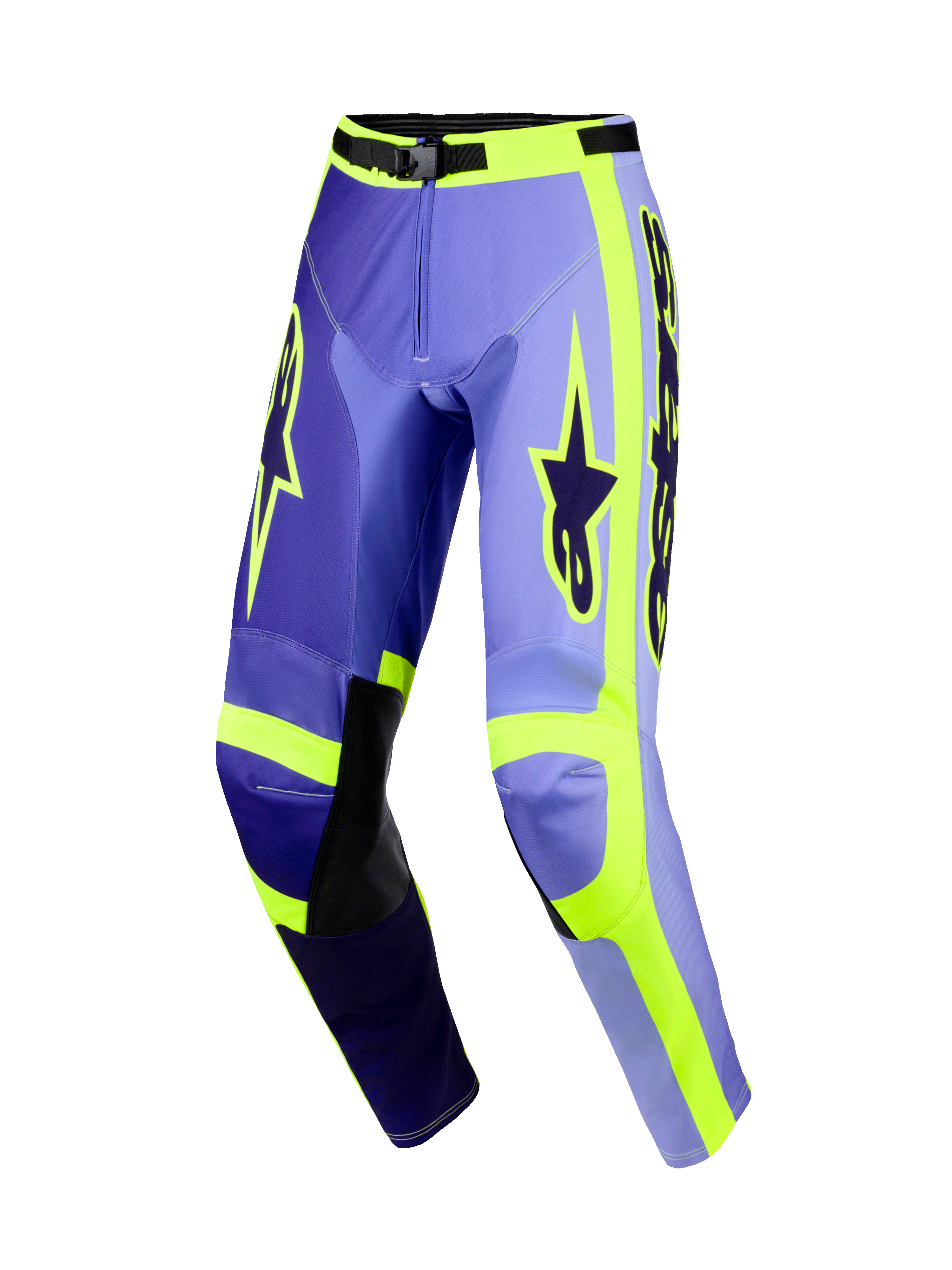 Alpinestars 2026 Racer Portl Pants, pantaloni da motocross, viola e giallo fluorescente, caratterizzati da pannelli viola multi-tono con accenti giallo neon, inserti interni in pelle nera sulle ginocchia, vistoso marchio Alpinestars sulle cosce e design ergonomico pre-curvato per il racing off-road