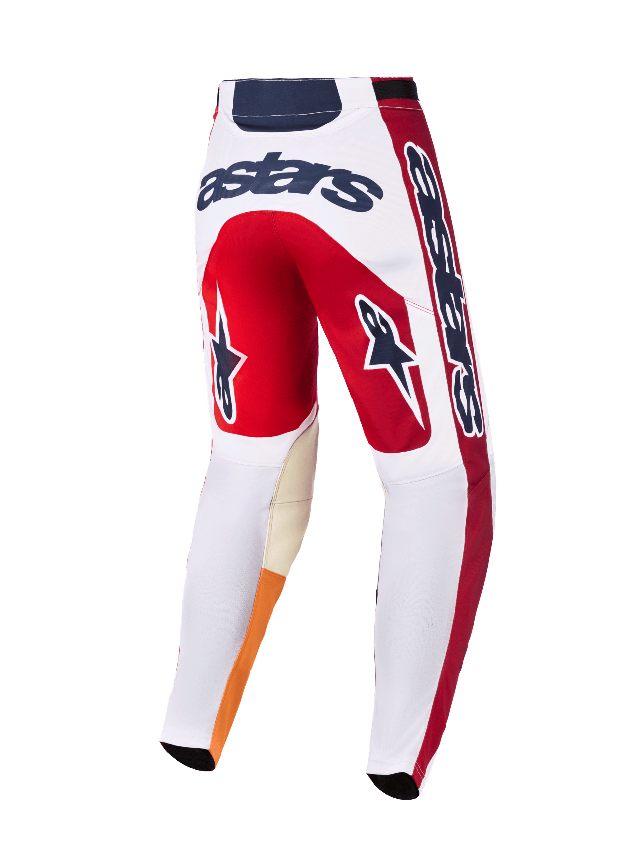 Pantaloni Alpinestars 2026 Racer Portl, pantaloni da motocross, rosso, bianco e grigio scuro, vista posteriore con logo 'astars' in evidenza sul retro, icone a stella sulle gambe e materiale resistente con ginocchia interne rinforzate per gare off-road
