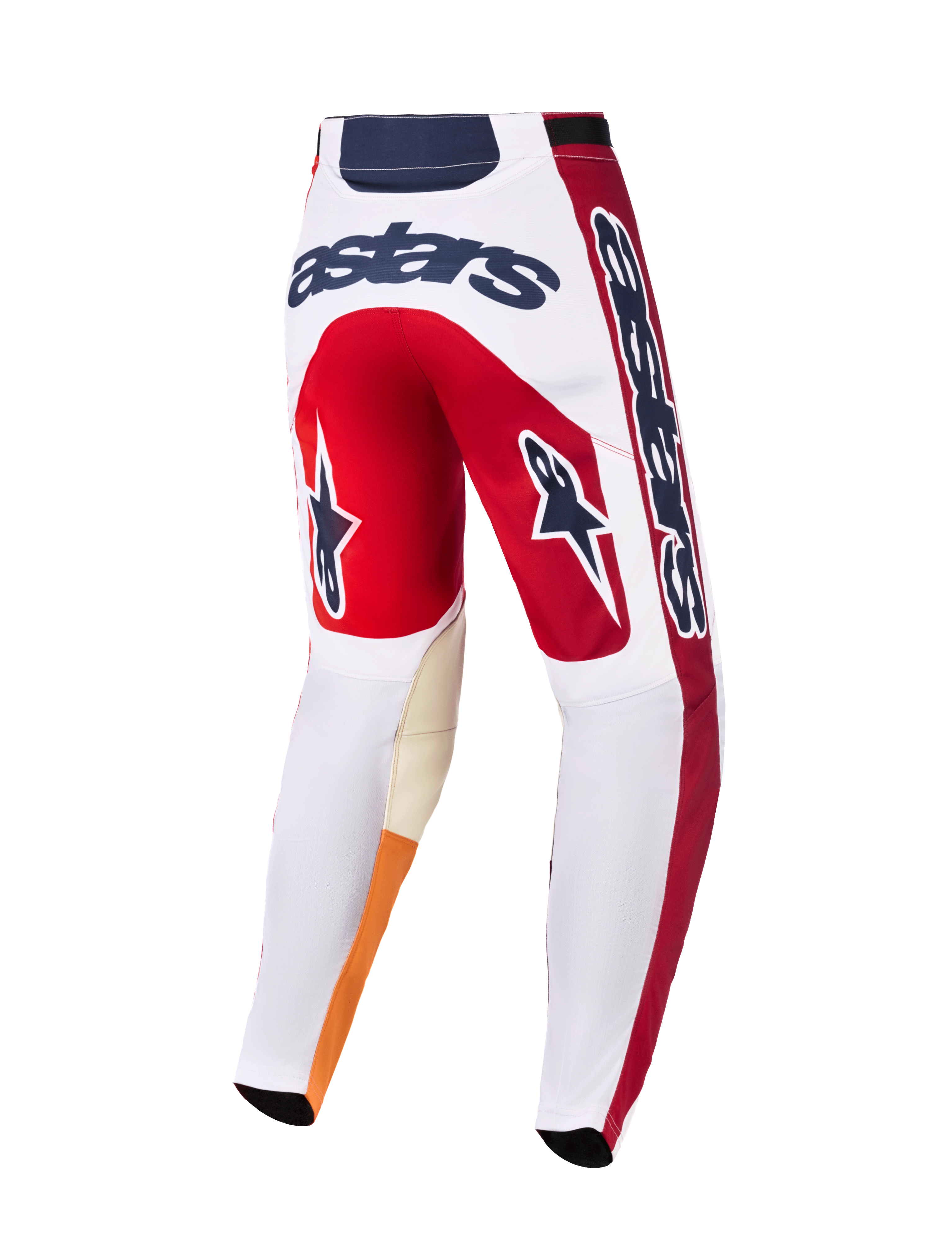 Pantaloni Alpinestars 2026 Racer Portl, pantaloni da motocross, rosso, bianco e grigio scuro, vista posteriore con logo 'astars' in evidenza sul retro, icone a stella sulle gambe e materiale resistente con ginocchia interne rinforzate per gare off-road