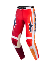 Alpinestars Pantaloni Racer Portl 2026, pantaloni da motocross, rosso e grigio chiaro con loghi grigio scuro, sfumature arancioni e strisce bianche, grande marchio Astar sulle cosce, rinforzi interni in pelle grigio chiaro sulle ginocchia, fibbia nera in vita, equipaggiamento resistente per corse fuoristrada