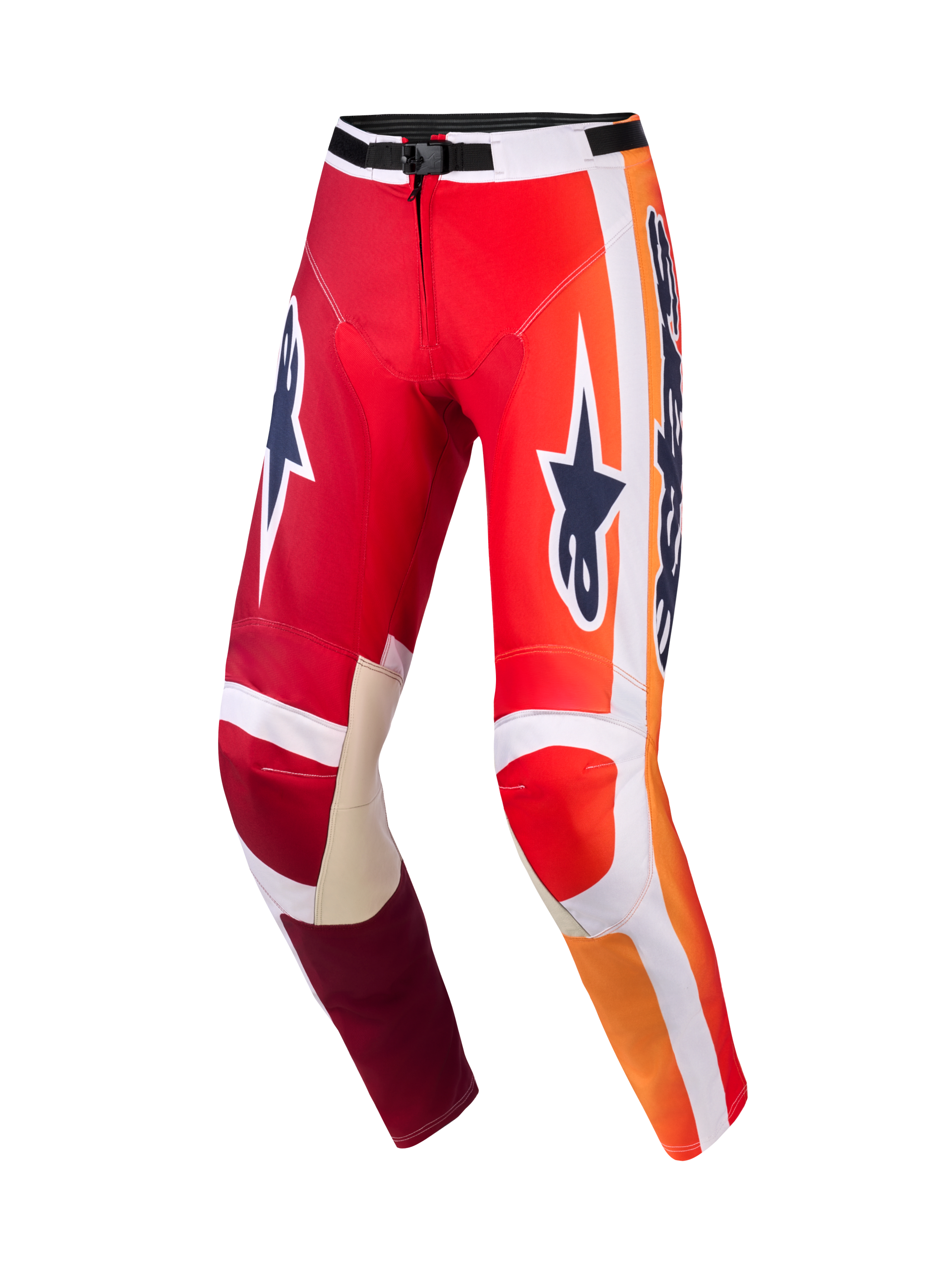 Alpinestars Pantaloni Racer Portl 2026, pantaloni da motocross, rosso e grigio chiaro con loghi grigio scuro, sfumature arancioni e strisce bianche, grande marchio Astar sulle cosce, rinforzi interni in pelle grigio chiaro sulle ginocchia, fibbia nera in vita, equipaggiamento resistente per corse fuoristrada