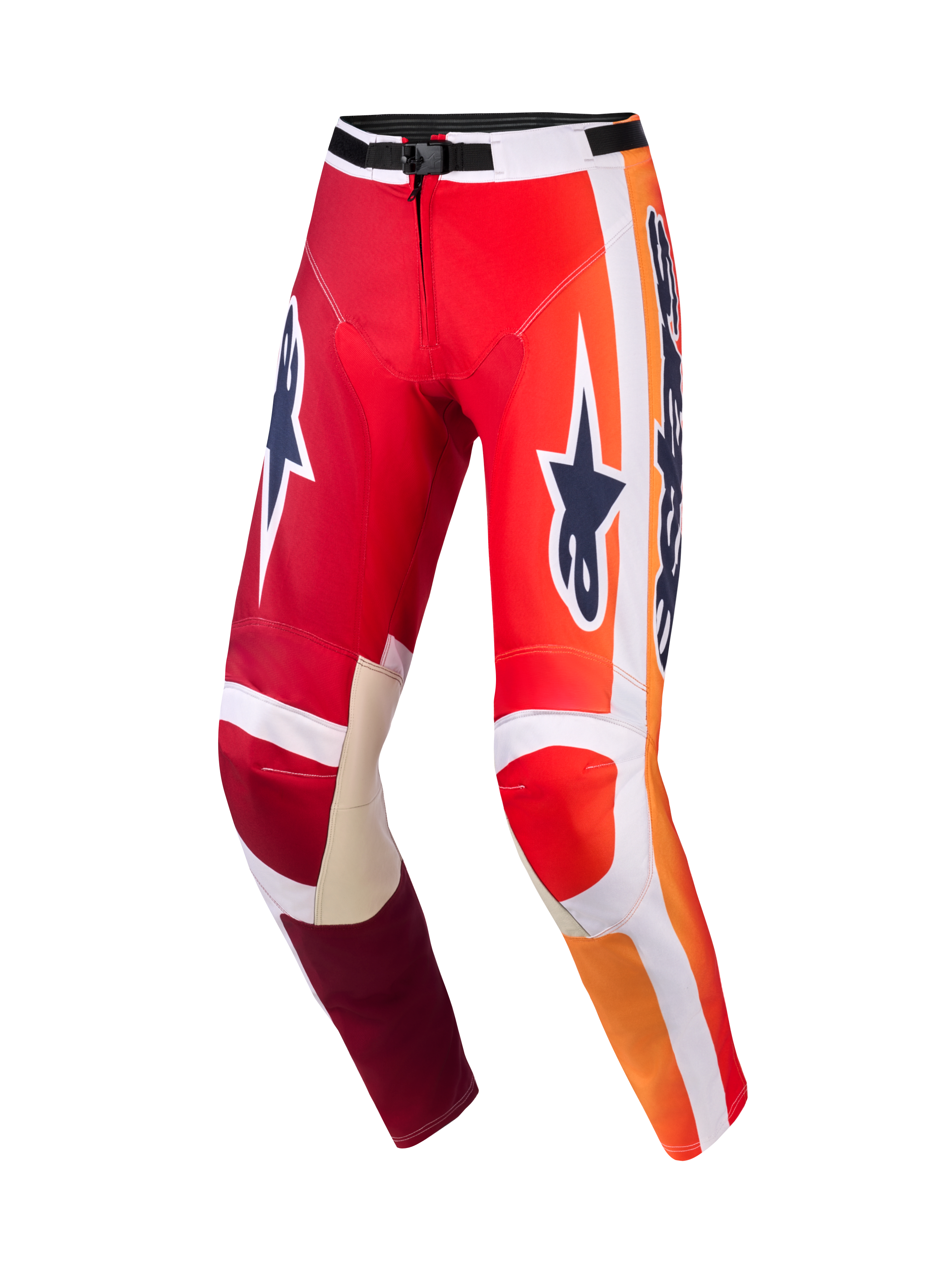 Alpinestars Pantaloni Racer Portl 2026, pantaloni da motocross, rosso e grigio chiaro con loghi grigio scuro, sfumature arancioni e strisce bianche, grande marchio Astar sulle cosce, rinforzi interni in pelle grigio chiaro sulle ginocchia, fibbia nera in vita, equipaggiamento resistente per corse fuoristrada