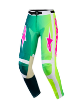 Alpinestars 2026 Racer Portl Pants, pantaloni da motocross, verde e bianco con vivaci loghi rosa, caratterizzati da un design sfumato dal verde acqua al verde neon, ginocchia interne rinforzate e fibbia sicura in vita per gare off-road