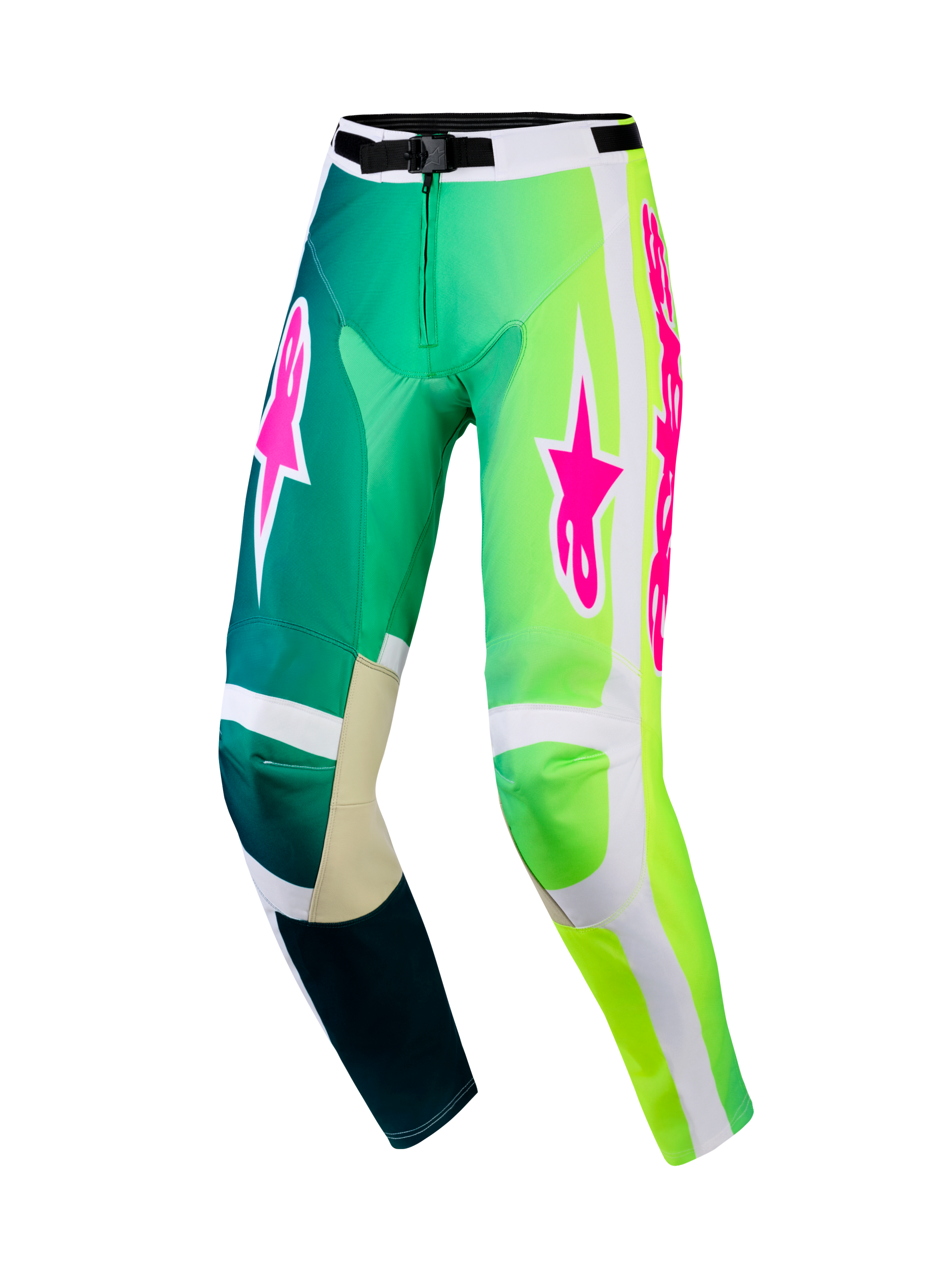 Alpinestars 2026 Racer Portl Pants, pantaloni da motocross, verde e bianco con vivaci loghi rosa, caratterizzati da un design sfumato dal verde acqua al verde neon, ginocchia interne rinforzate e fibbia sicura in vita per gare off-road
