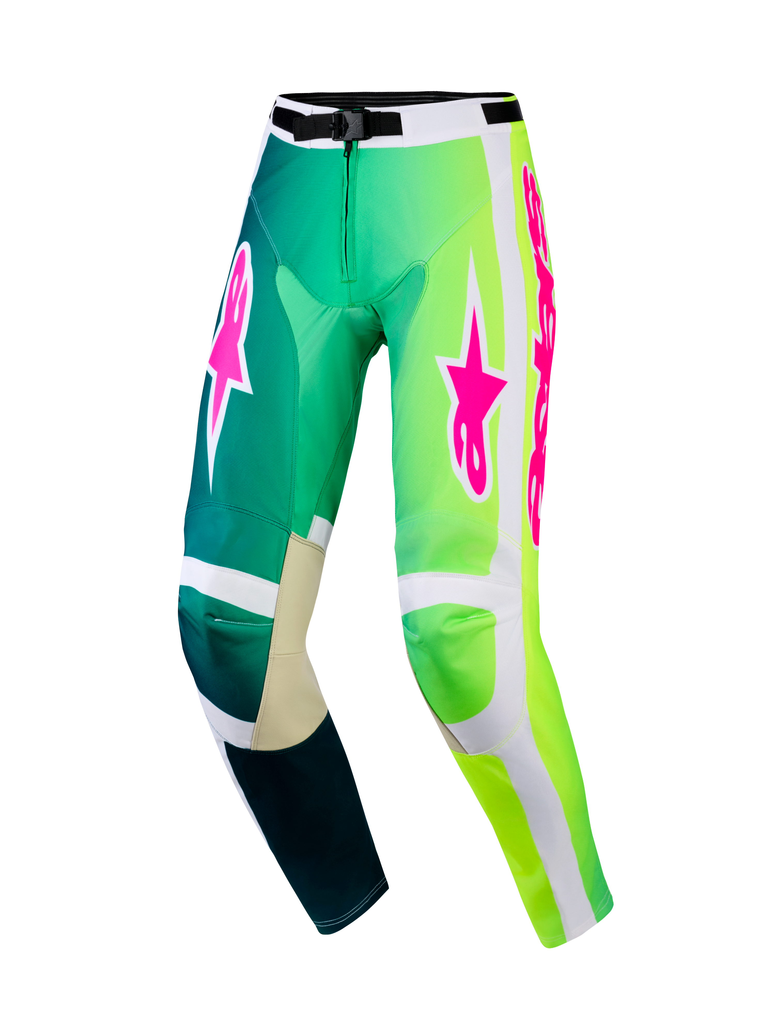 Alpinestars 2026 Racer Portl Pants, pantaloni da motocross, verde e bianco con vivaci loghi rosa, caratterizzati da un design sfumato dal verde acqua al verde neon, ginocchia interne rinforzate e fibbia sicura in vita per gare off-road
