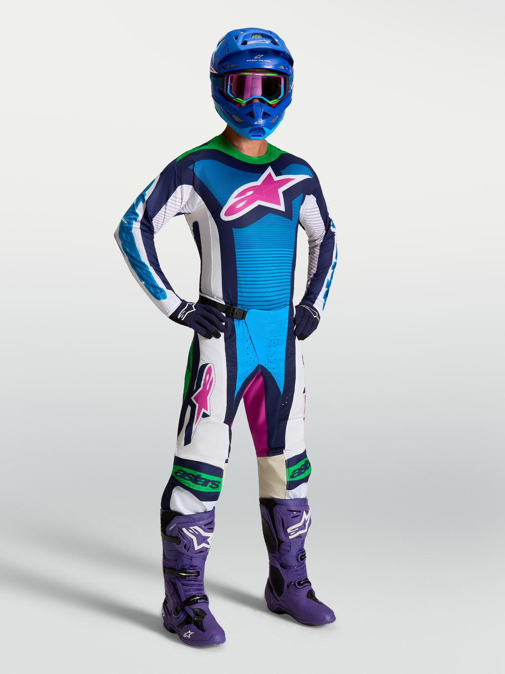 Alpinestars Pantaloni Techstar Maven e Techstar Maven Gear Set, completo da motocross da uomo, blu e bianco con accenti verde fluo, ideale per attività off-road.