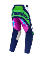 Alpinestars pantaloni Techstar Maven, pantaloni motocross blu e verde fluo con inserti viola e zone elasticizzate sul retro.