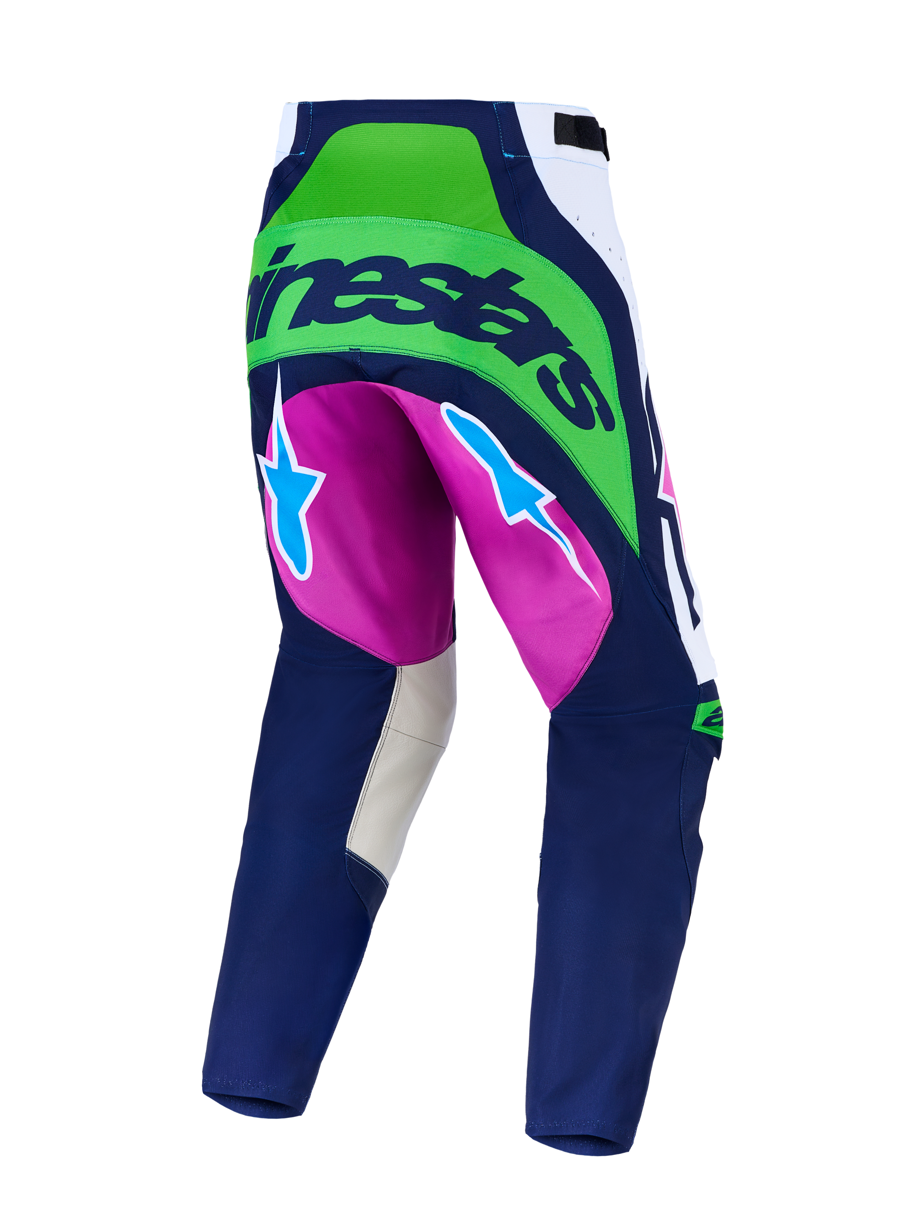 Alpinestars pantaloni Techstar Maven, pantaloni motocross blu e verde fluo con inserti viola e zone elasticizzate sul retro.